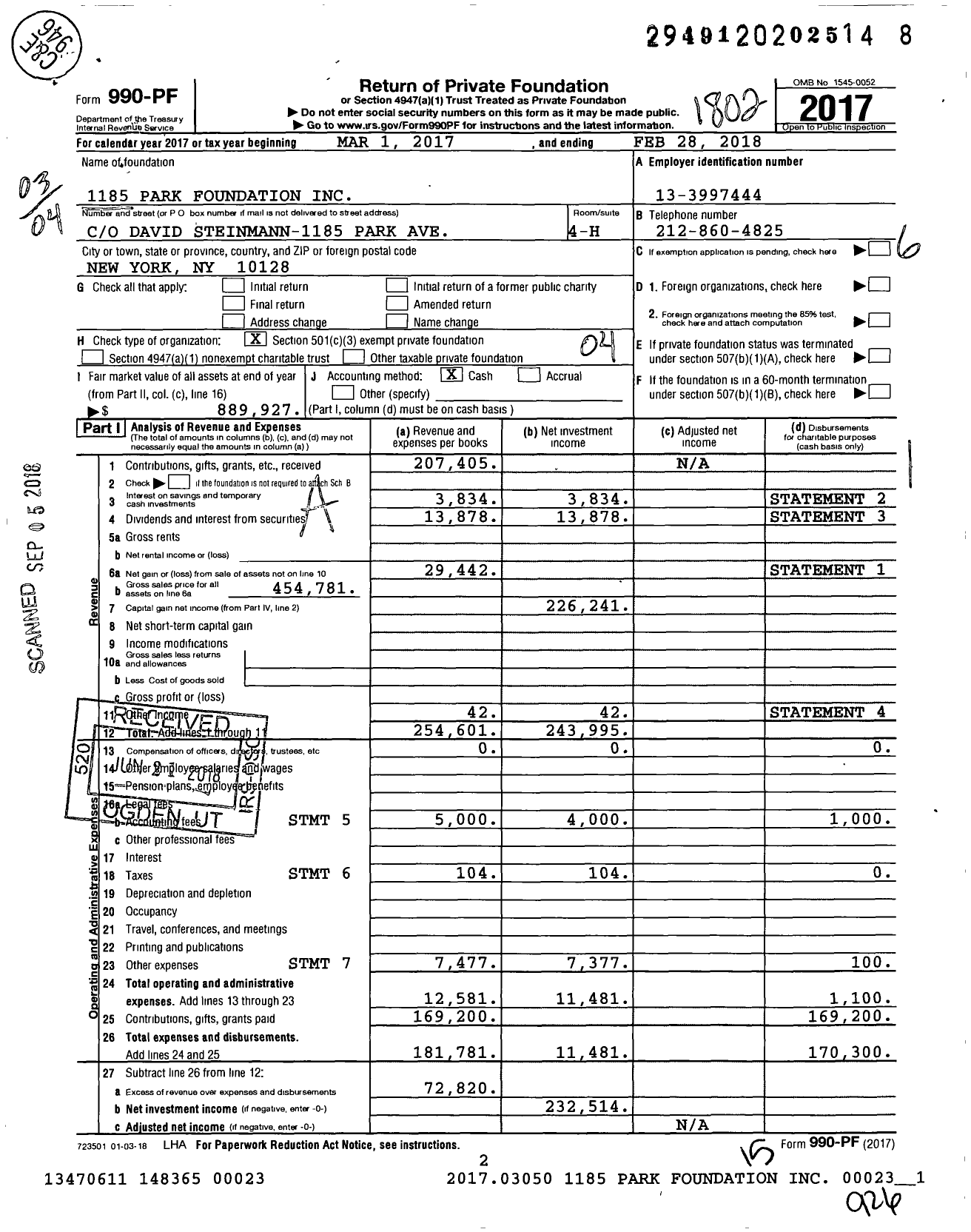 Image of first page of 2017 Form 990PF for 1185 Park Foundation