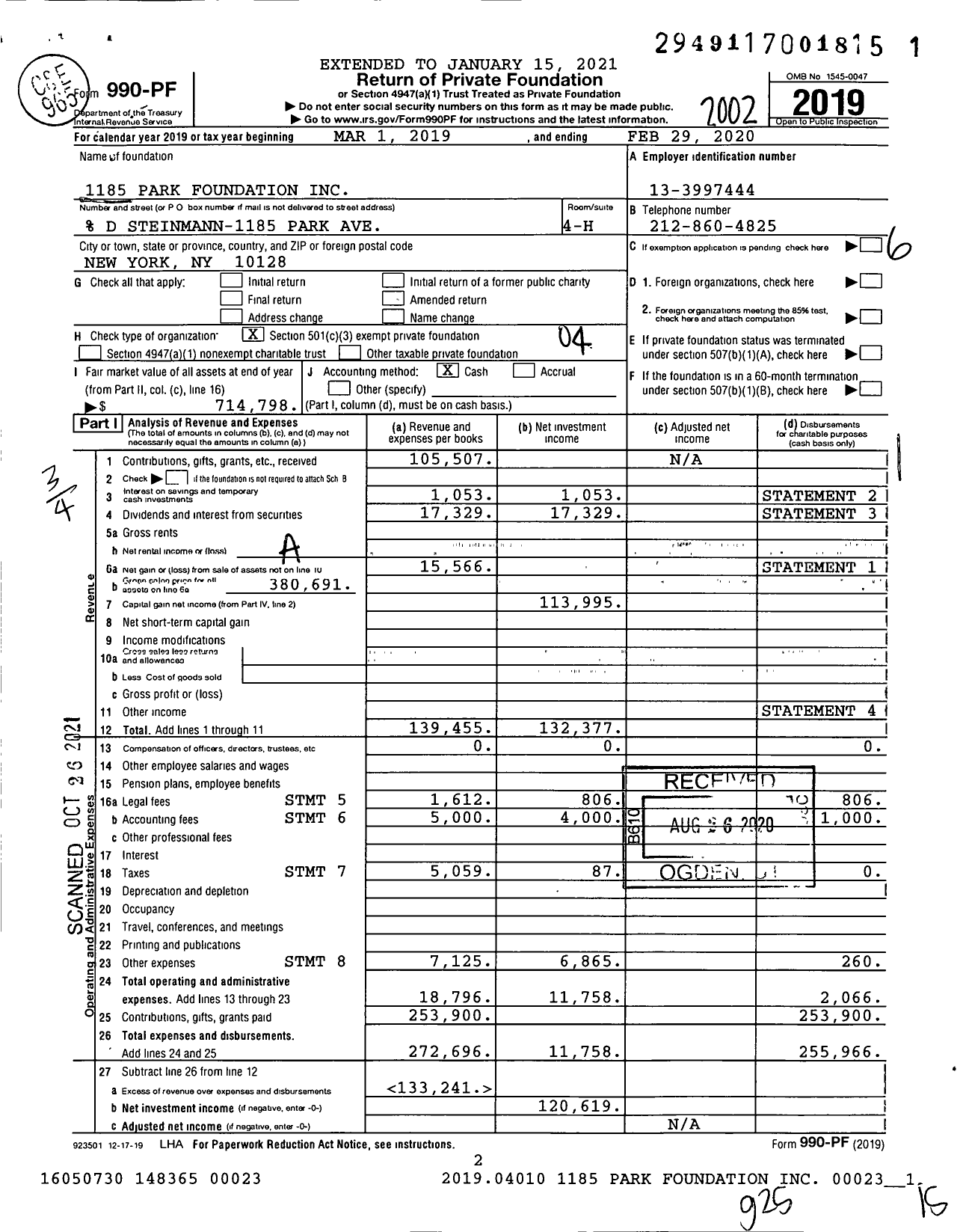 Image of first page of 2019 Form 990PF for 1185 Park Foundation