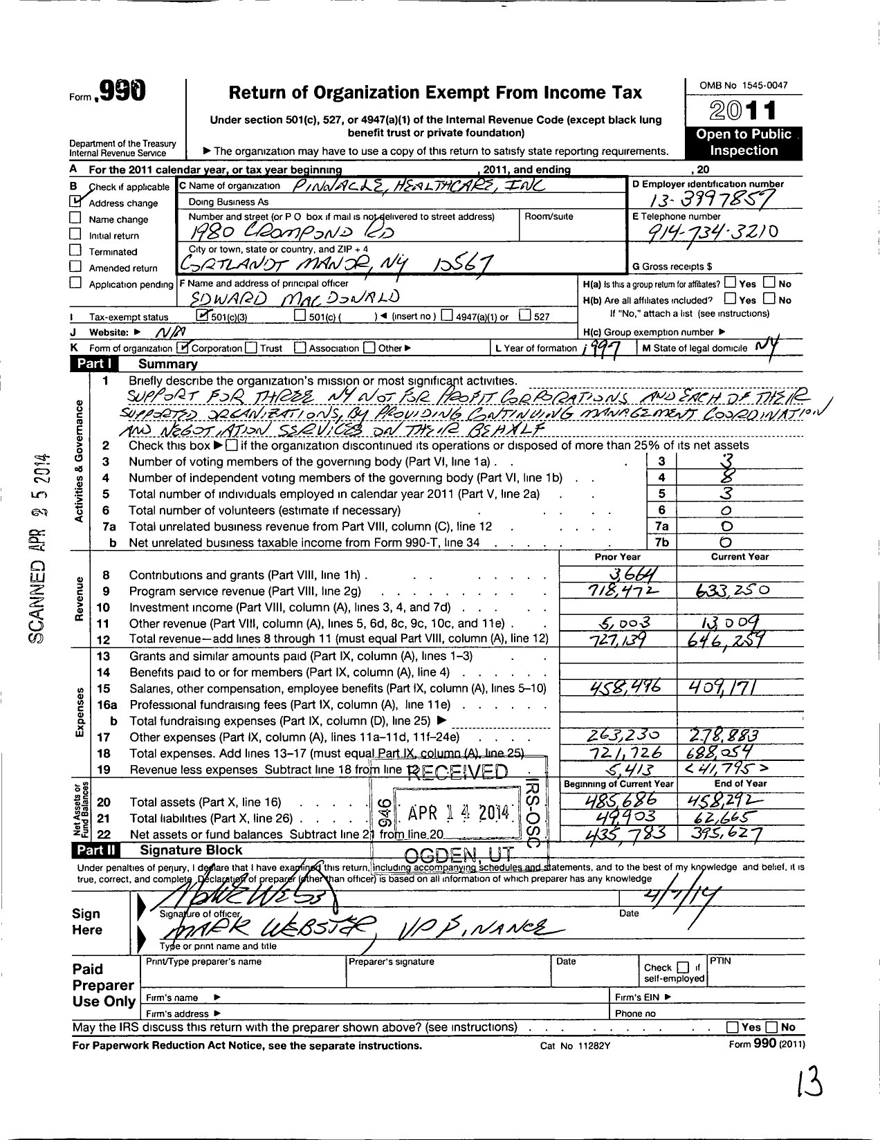 Image of first page of 2011 Form 990 for Pinnacle Healthcare