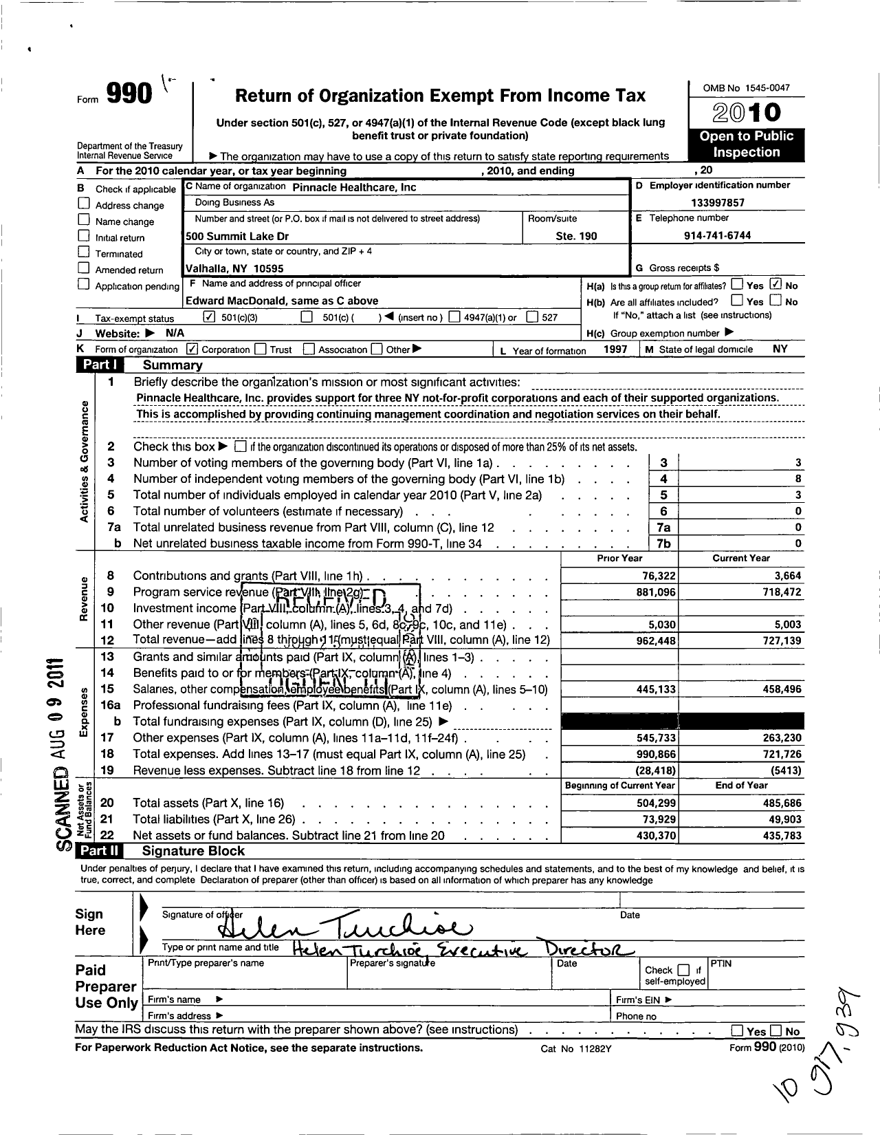 Image of first page of 2010 Form 990 for Pinnacle Healthcare
