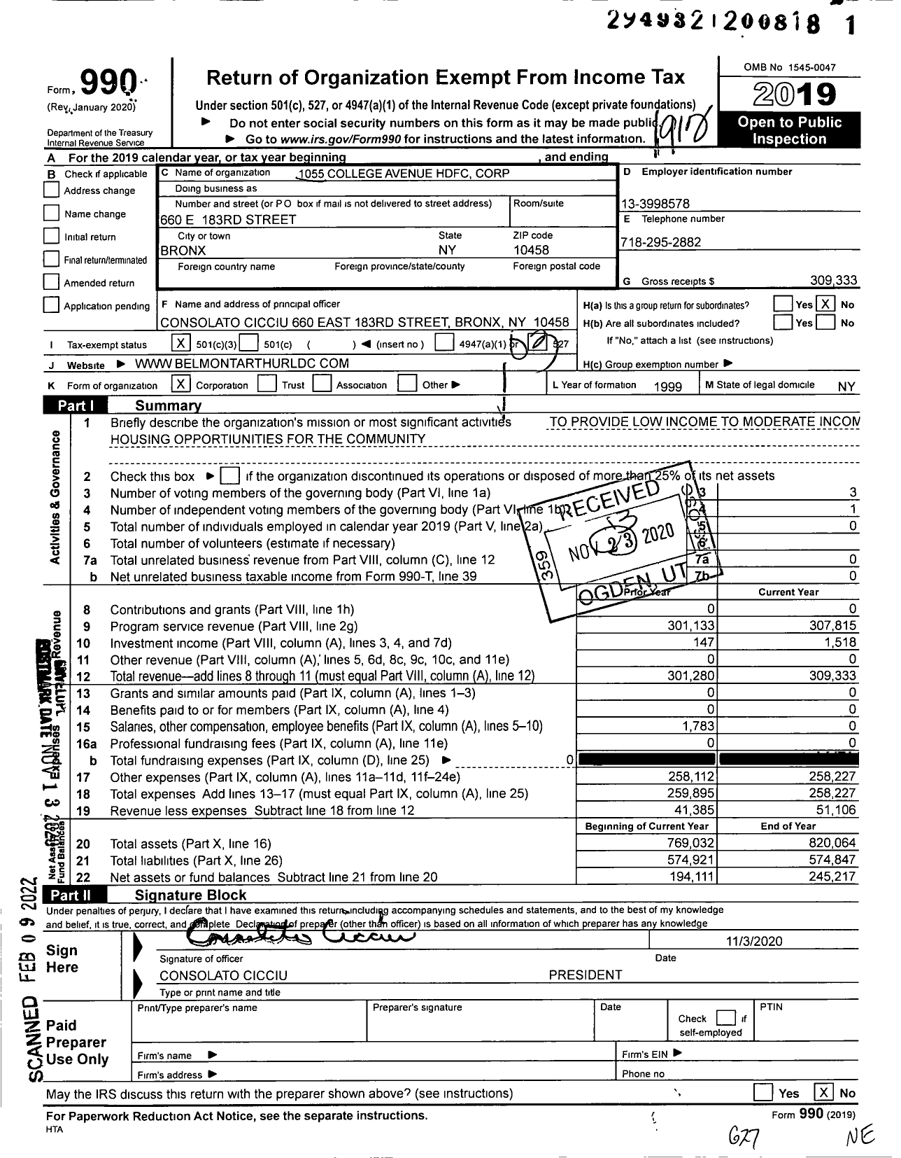 Image of first page of 2019 Form 990 for 1055 College Avenue HDFC Corporation