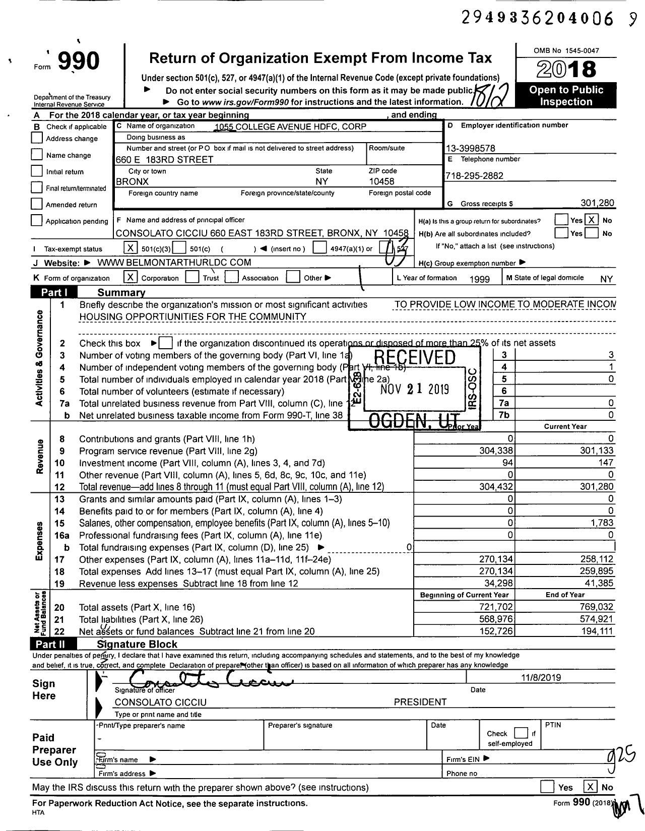 Image of first page of 2018 Form 990 for 1055 College Avenue HDFC Corporation