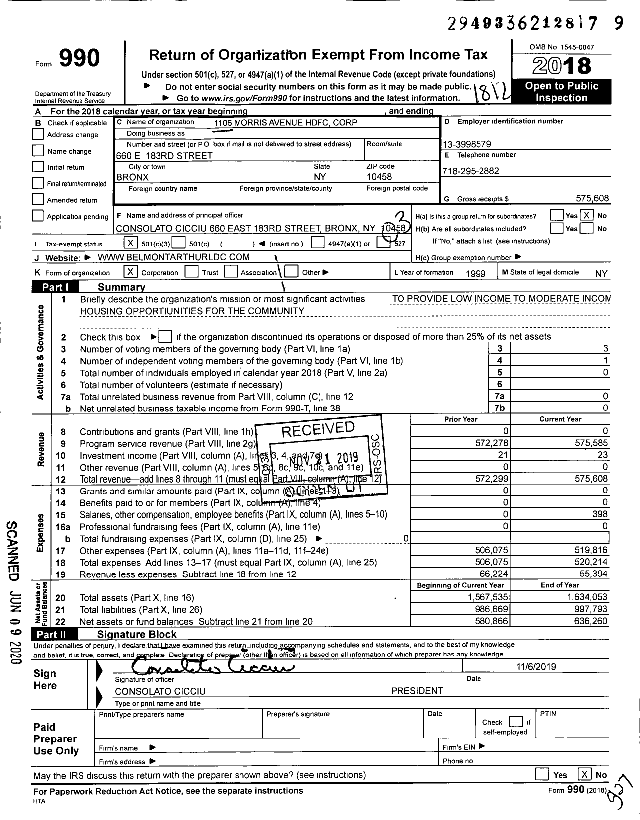 Image of first page of 2018 Form 990 for 1106 Morris Avenue HDFC Corporation