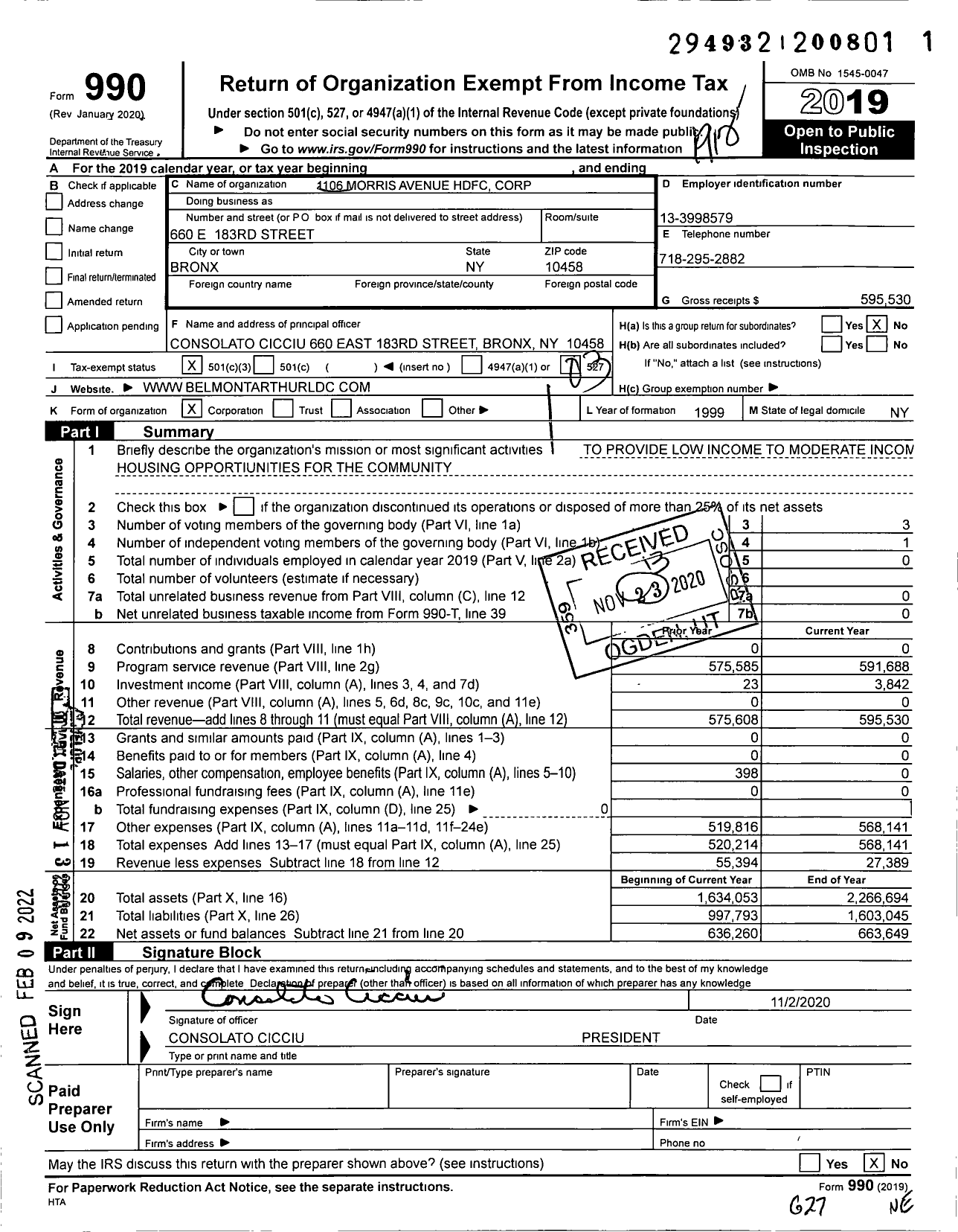 Image of first page of 2019 Form 990 for 1106 Morris Avenue HDFC Corporation