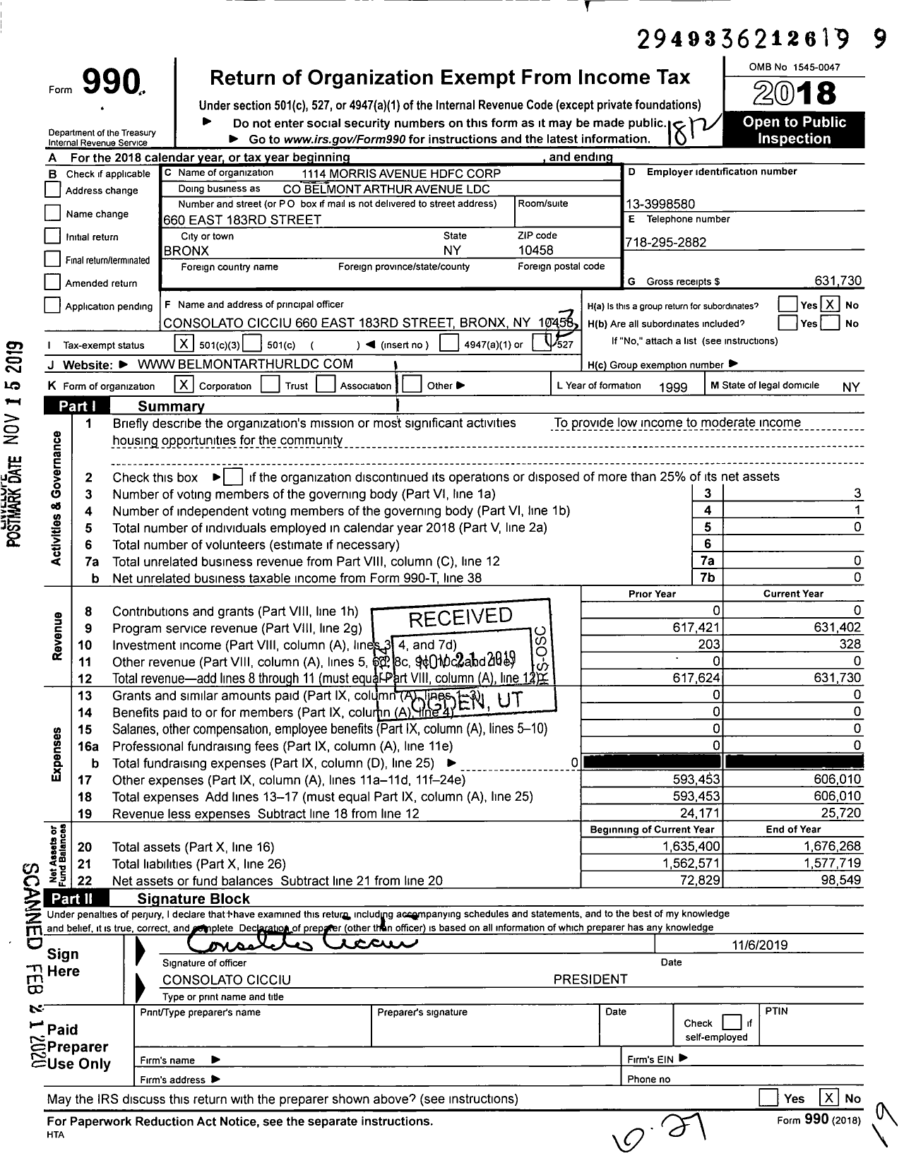 Image of first page of 2018 Form 990 for 1114 Morris Avenue HDFC Corporation