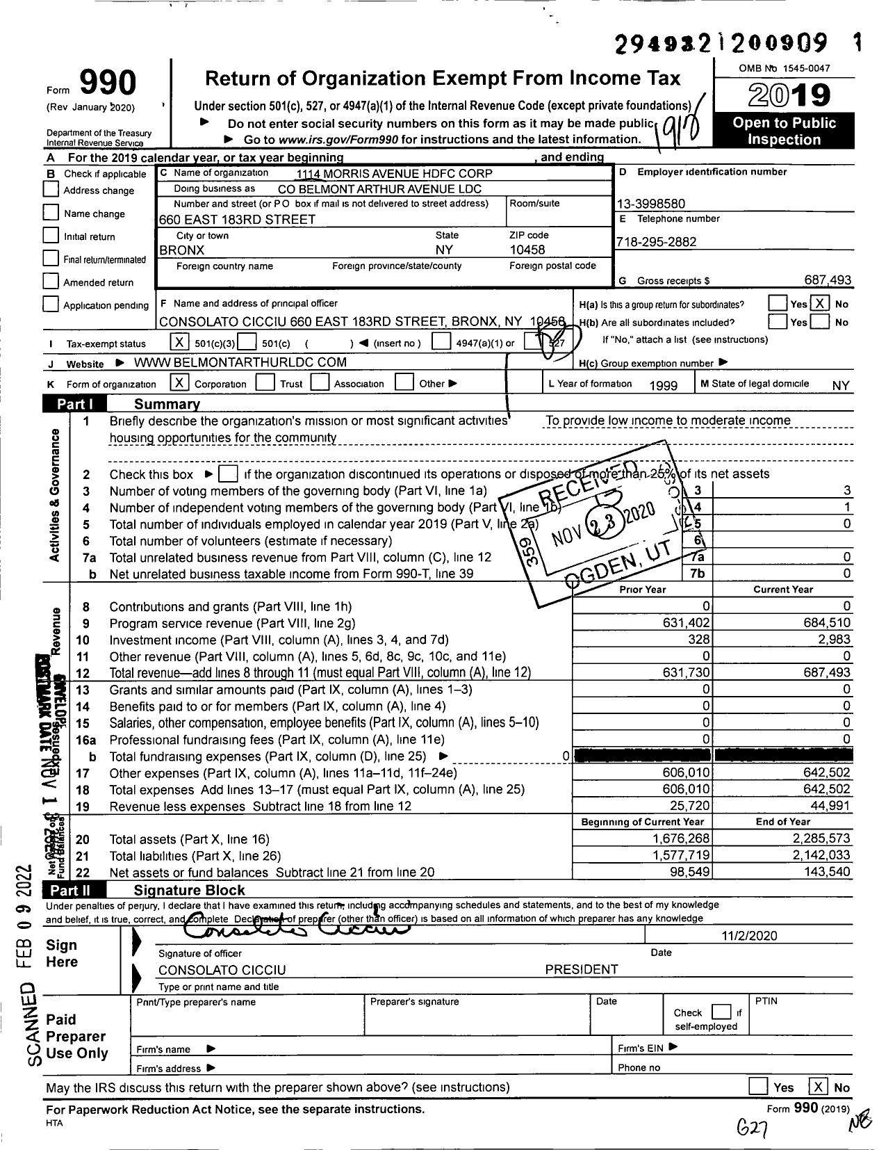 Image of first page of 2019 Form 990 for 1114 Morris Avenue HDFC Corporation