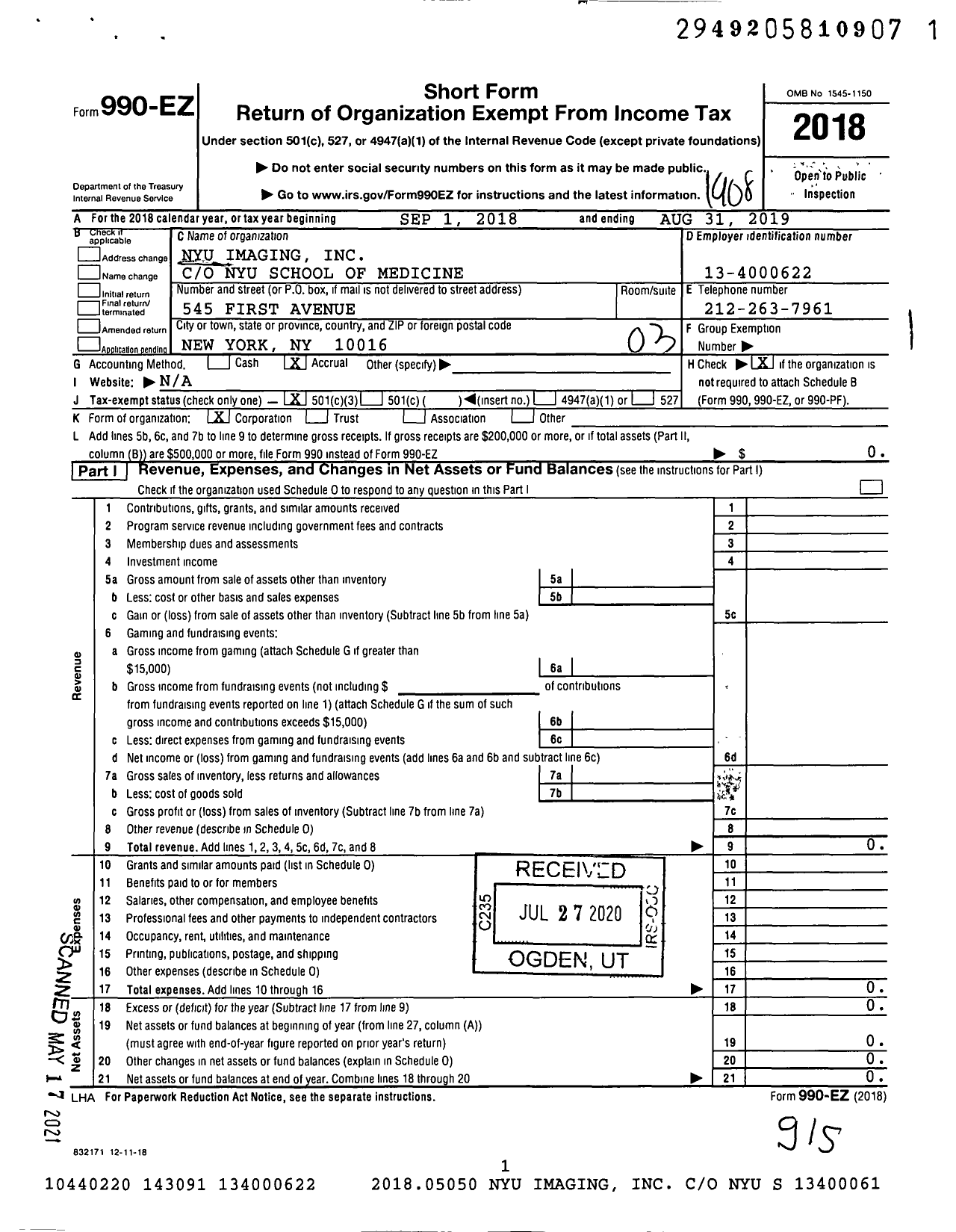 Image of first page of 2018 Form 990EZ for Nyu Imaging