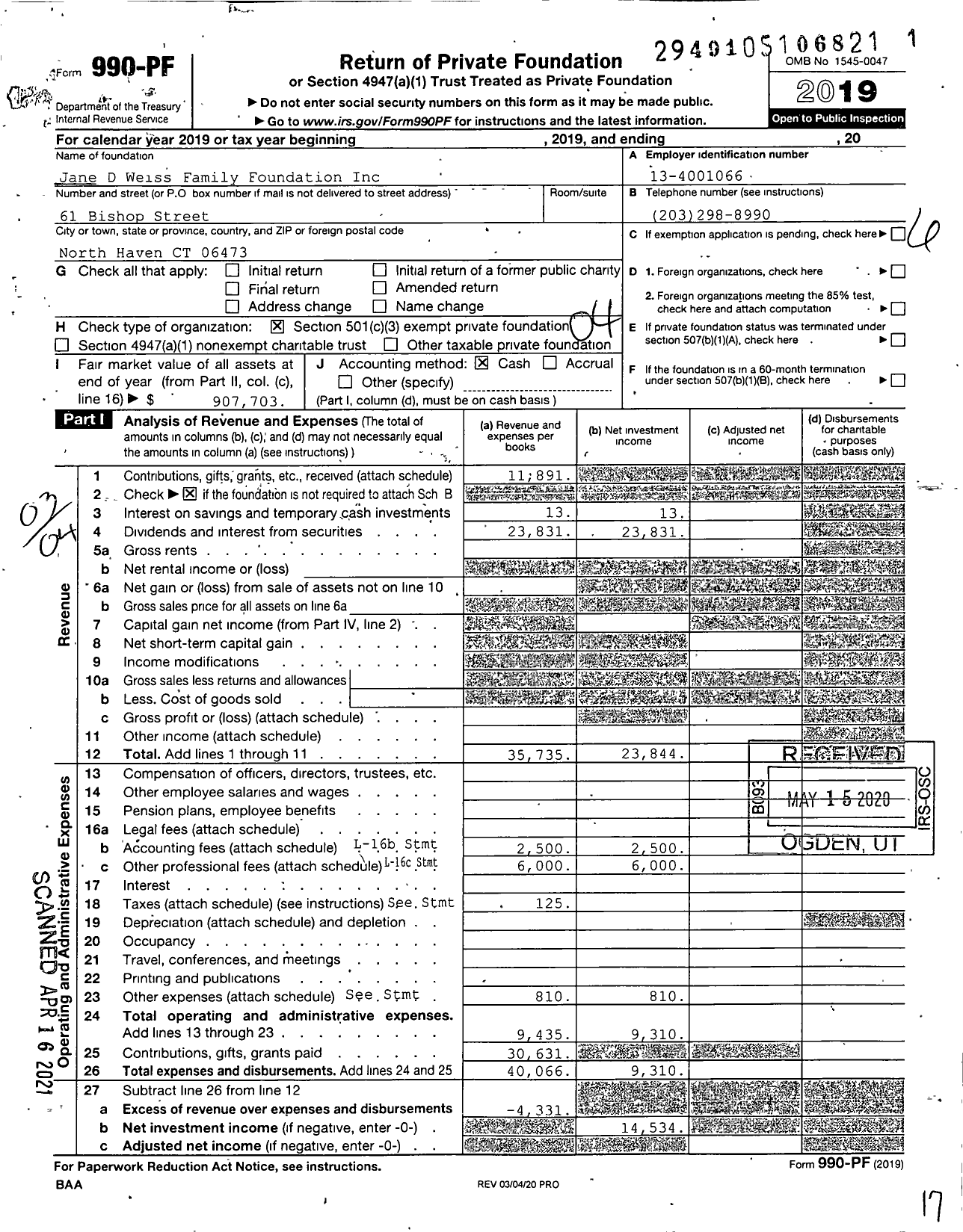 Image of first page of 2019 Form 990PF for Jane D Weiss Family Foundation