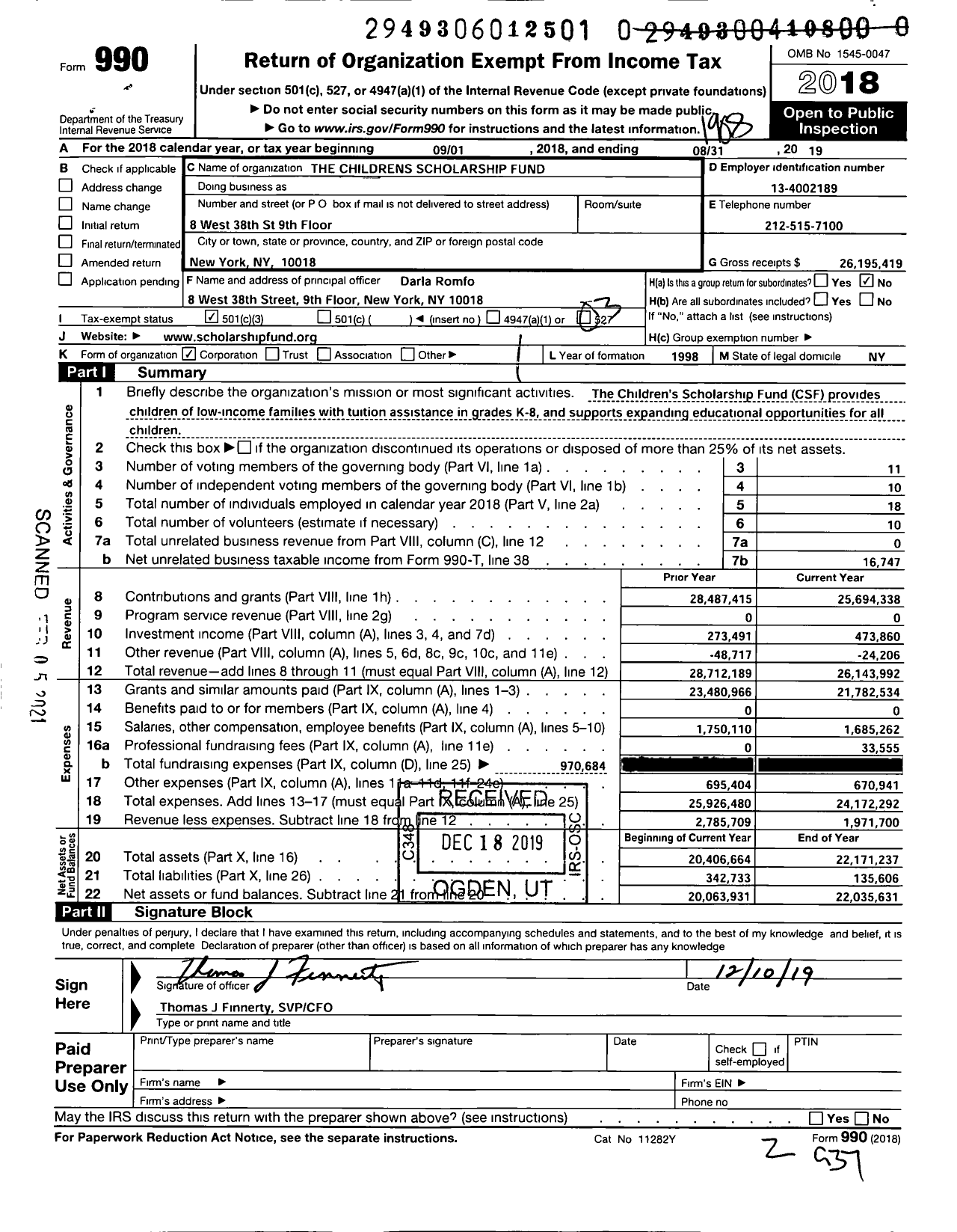 Image of first page of 2018 Form 990 for The Childrens Scholarship Fund (CSF)