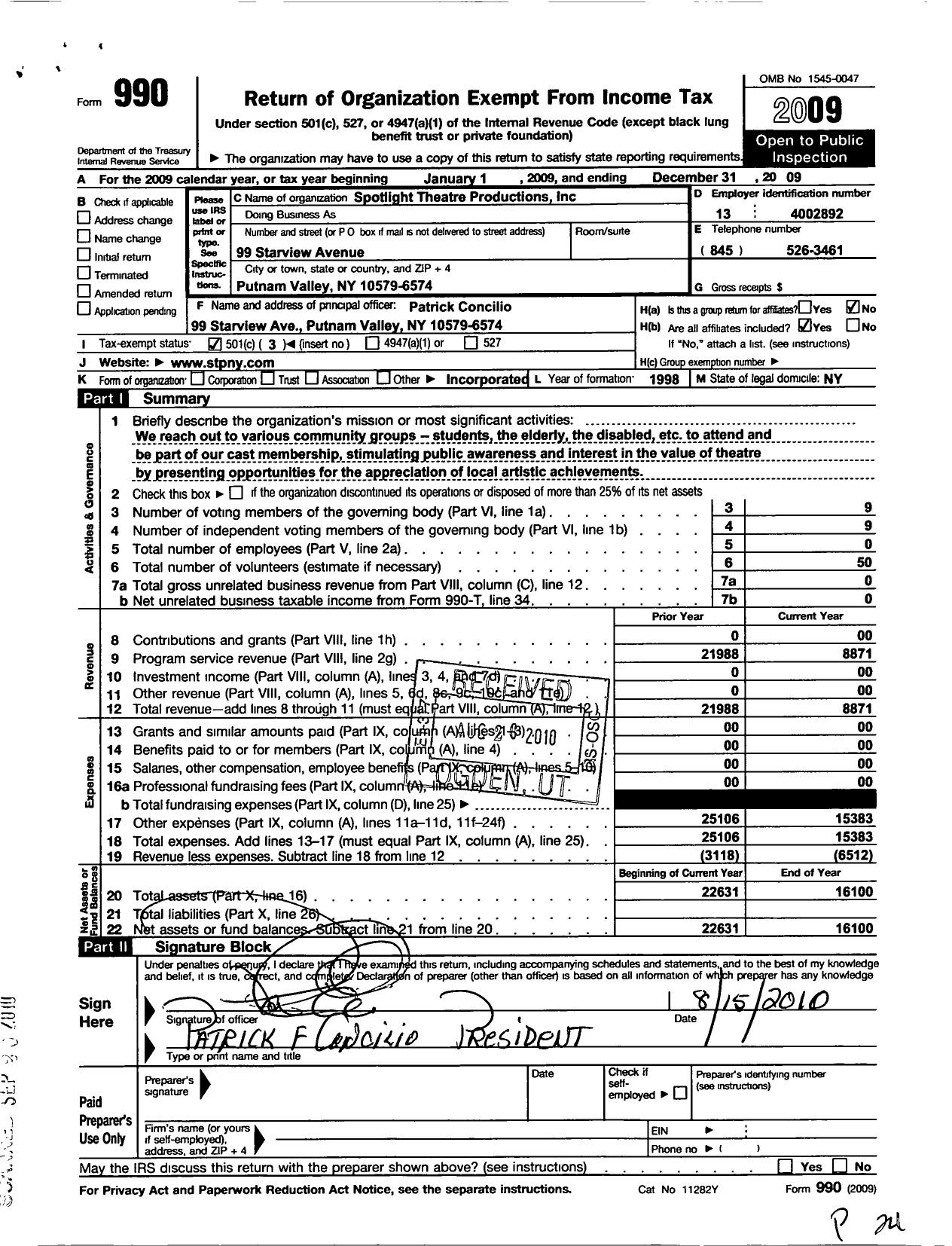 Image of first page of 2009 Form 990 for Spotlight Theatre Production