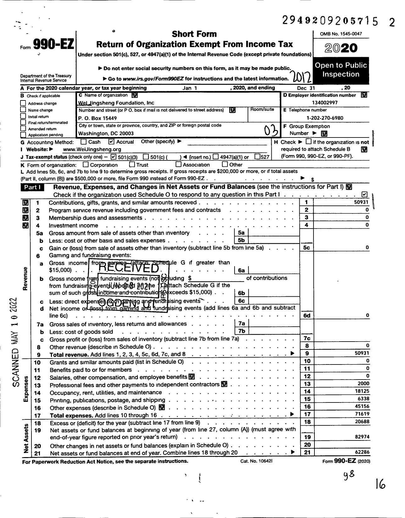 Image of first page of 2020 Form 990EZ for Wei Jingsheng Foundation