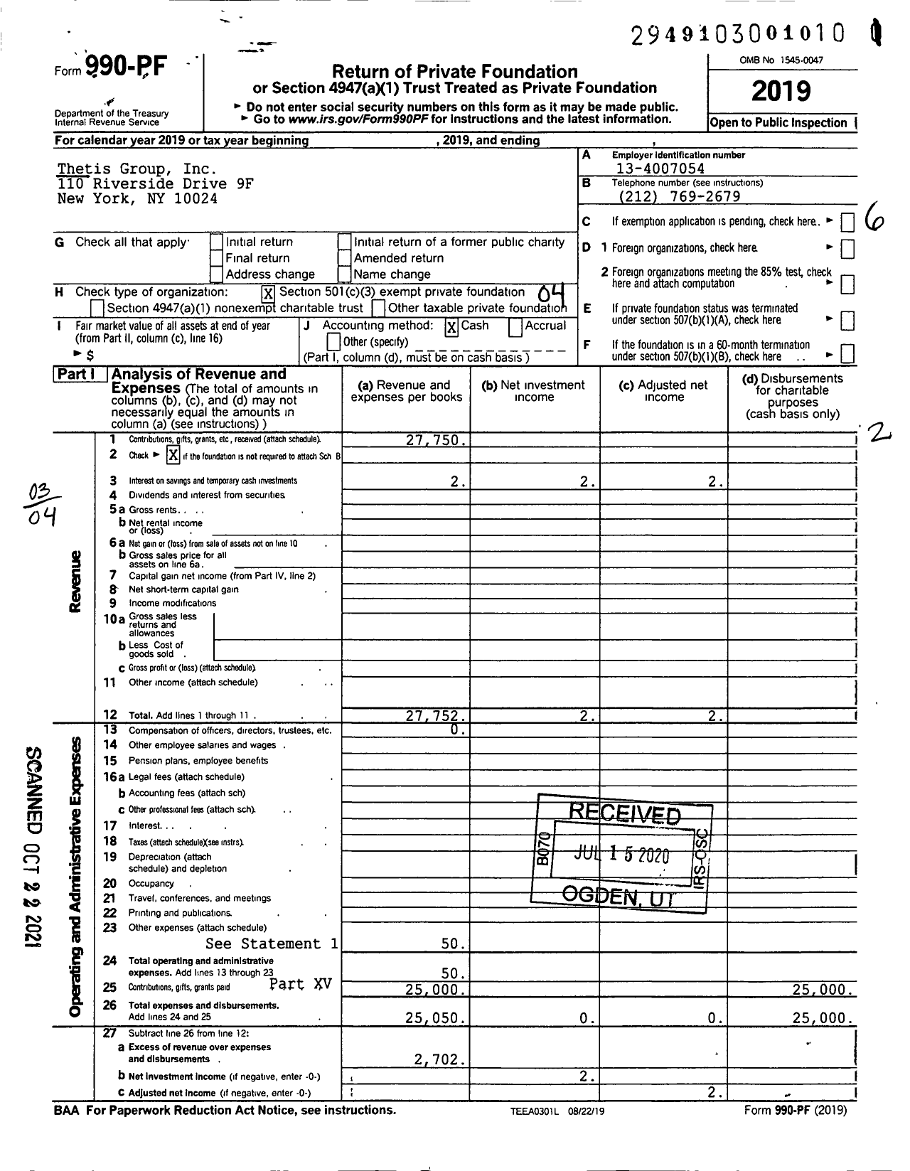 Image of first page of 2019 Form 990PF for Thetis Group