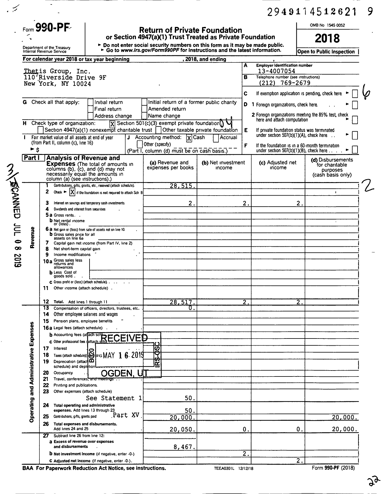 Image of first page of 2018 Form 990PF for Thetis Group