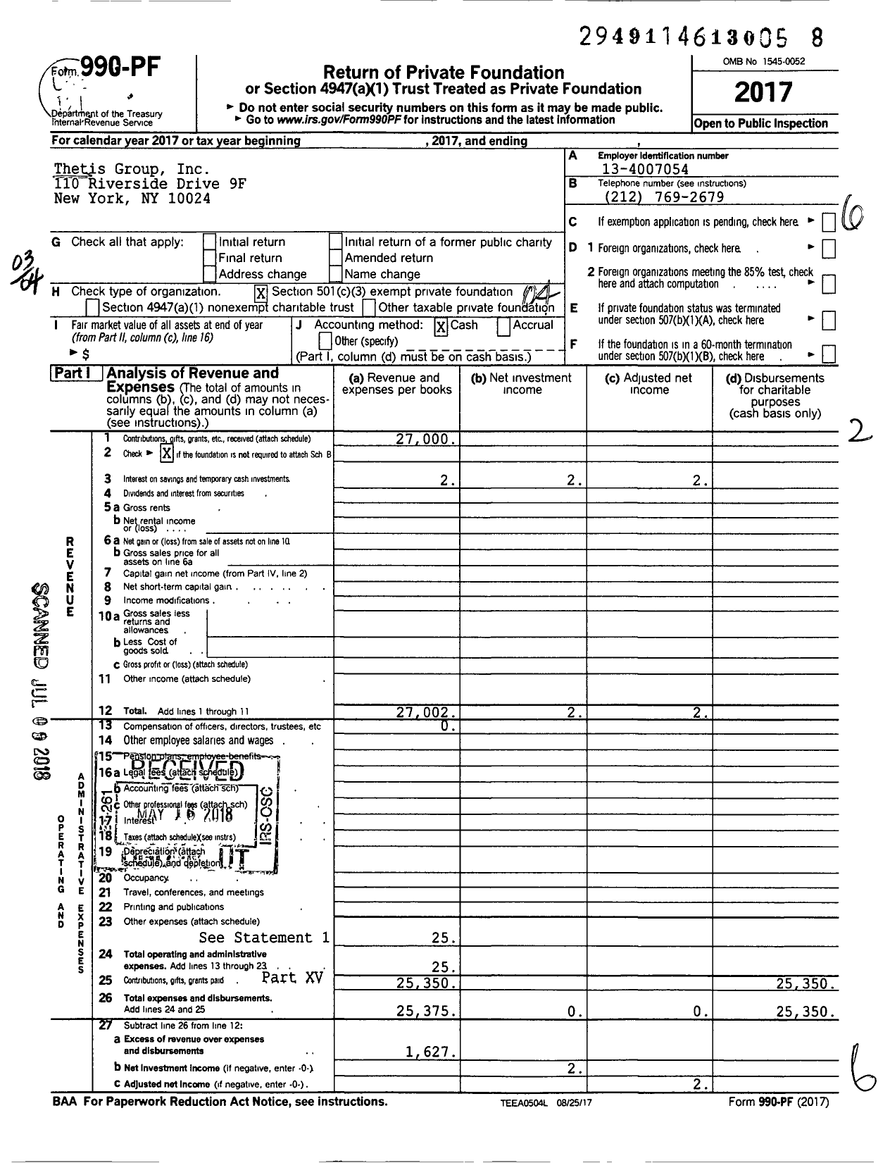Image of first page of 2017 Form 990PF for Thetis Group