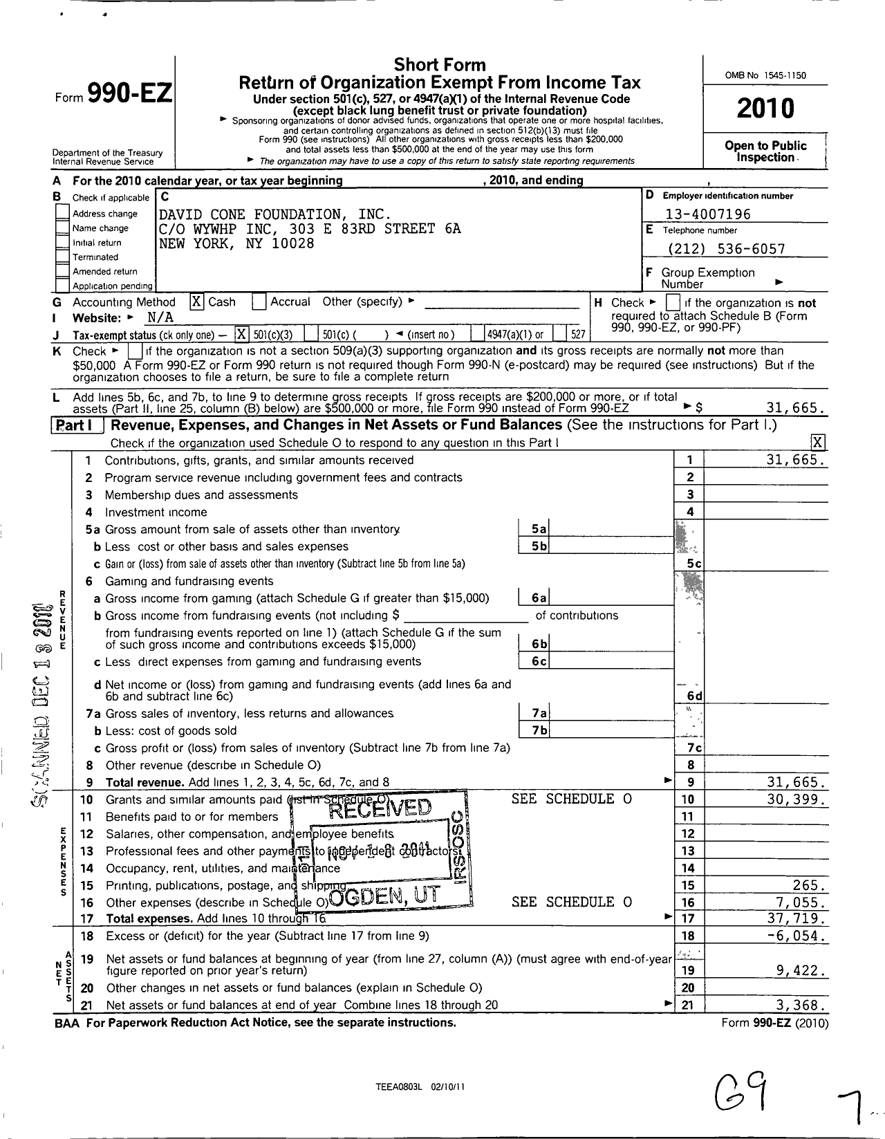 Image of first page of 2010 Form 990EZ for David Cone Foundtion