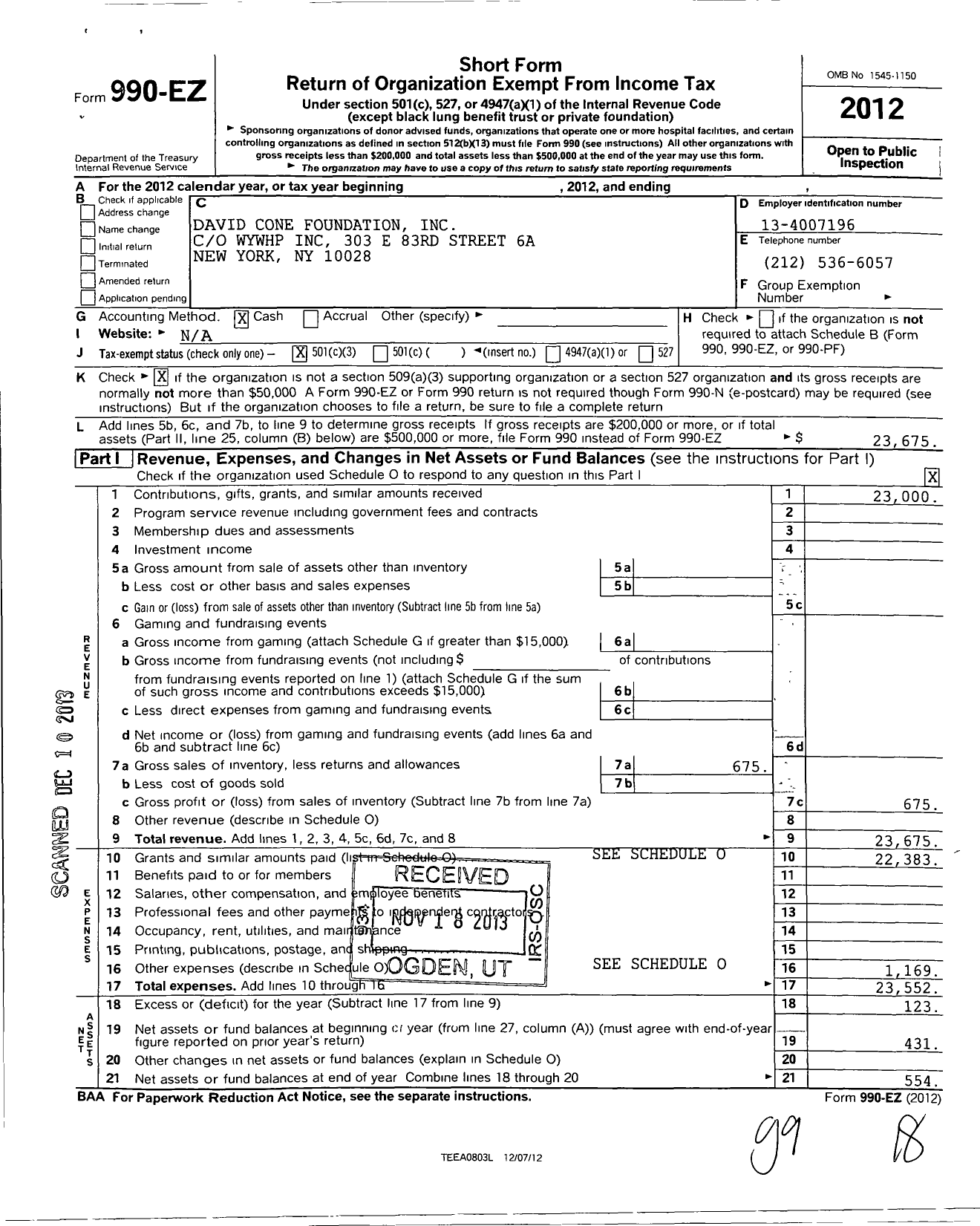 Image of first page of 2012 Form 990EZ for David Cone Foundtion