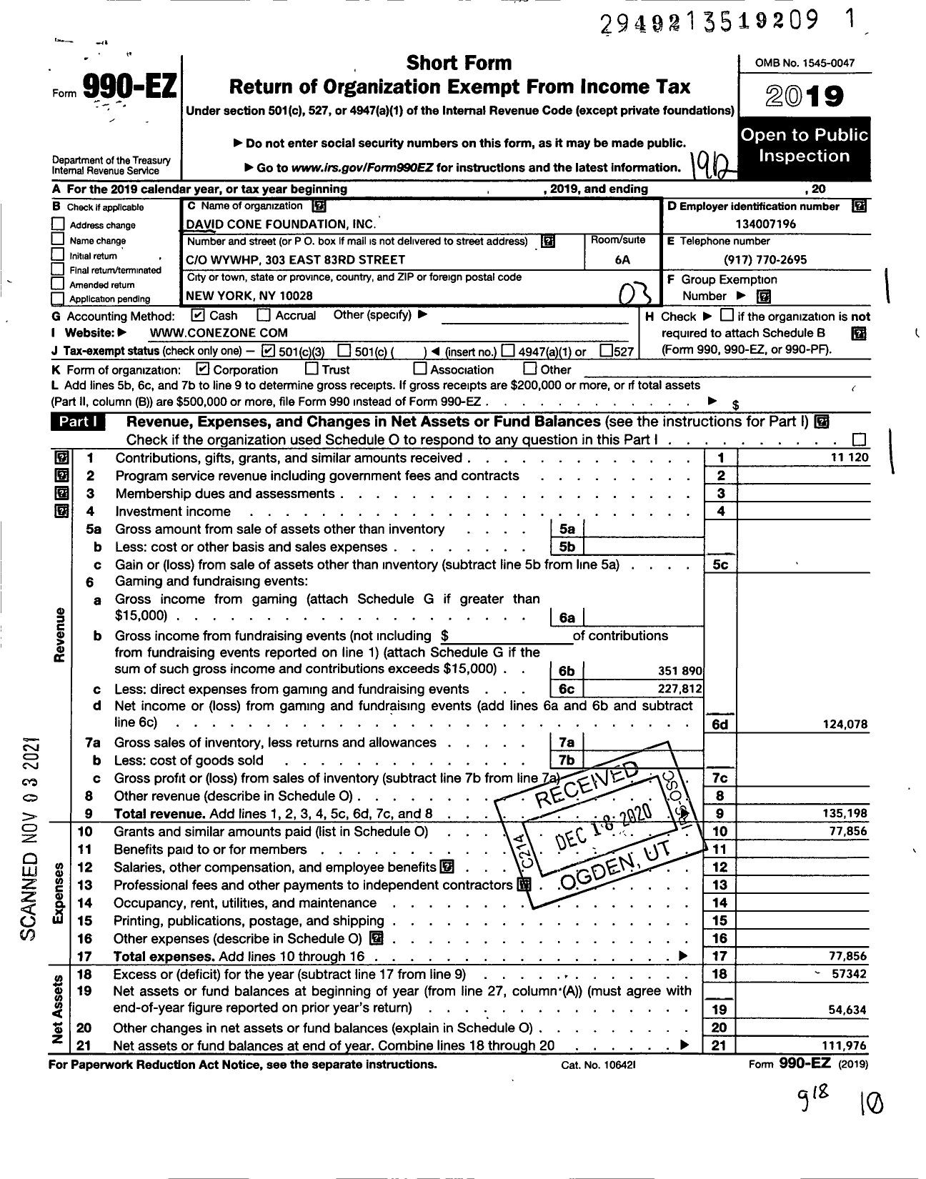 Image of first page of 2019 Form 990EZ for David Cone Foundtion