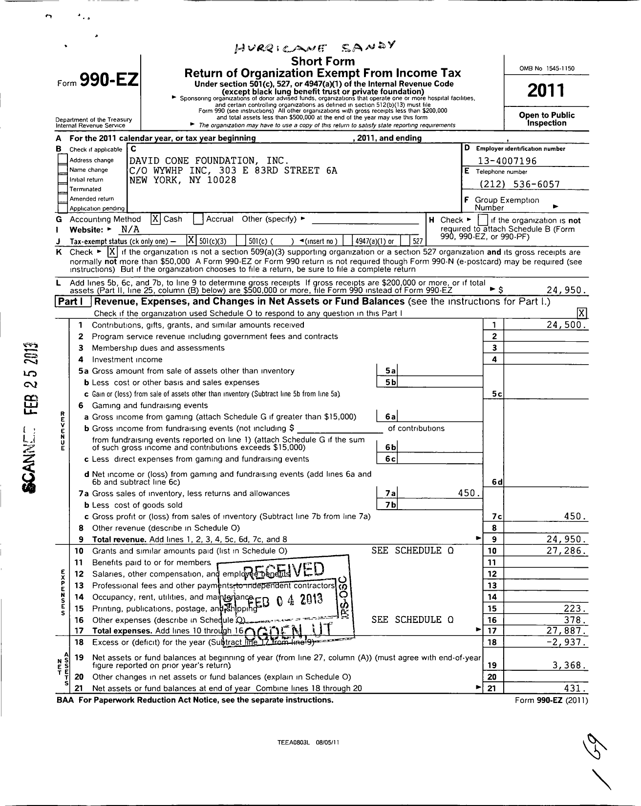 Image of first page of 2011 Form 990EZ for David Cone Foundtion