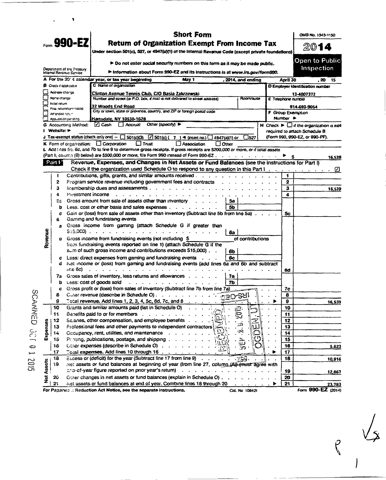 Image of first page of 2014 Form 990EO for Clinton Avenue Tennis Club