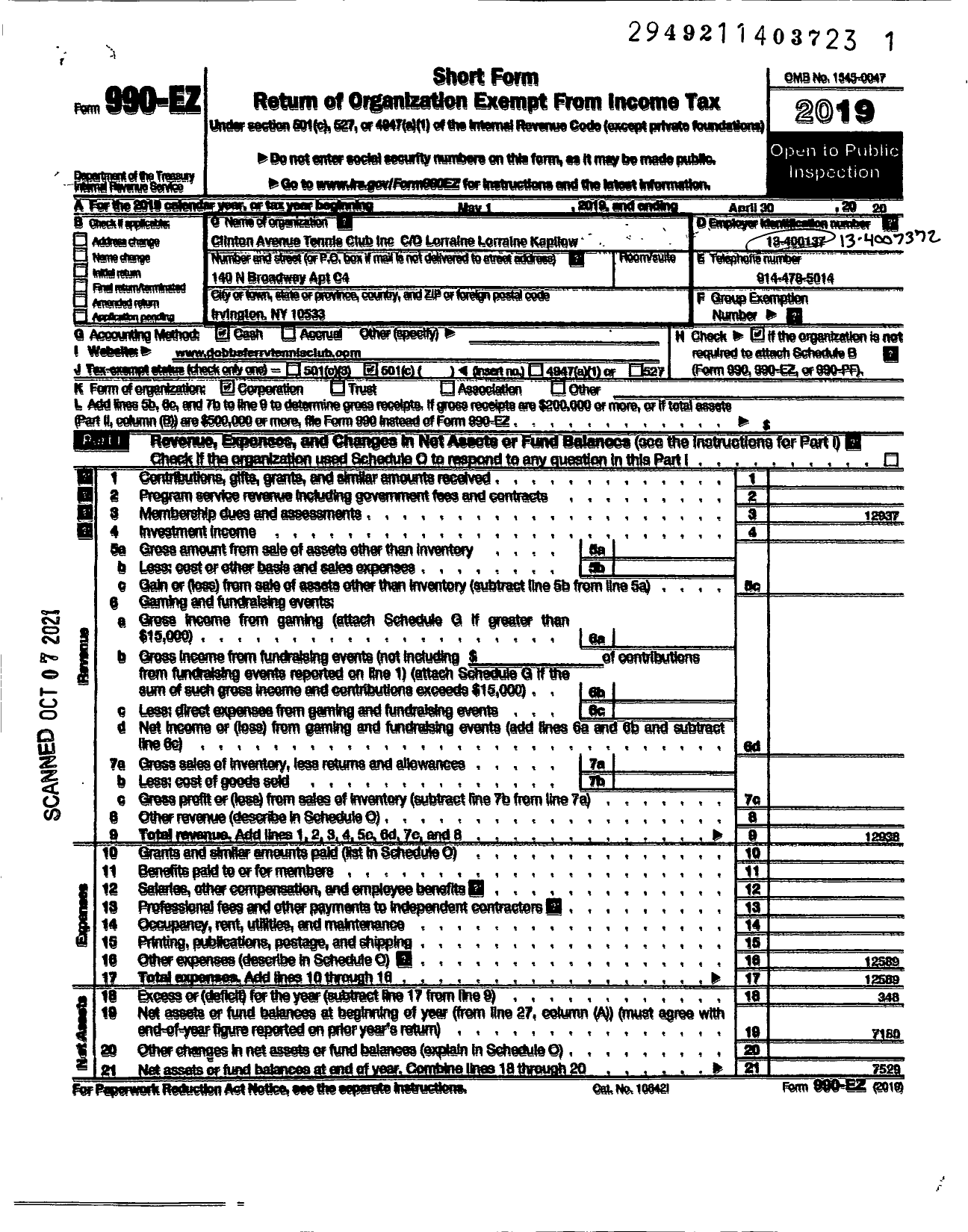 Image of first page of 2019 Form 990EO for Clinton Avenue Tennis Club