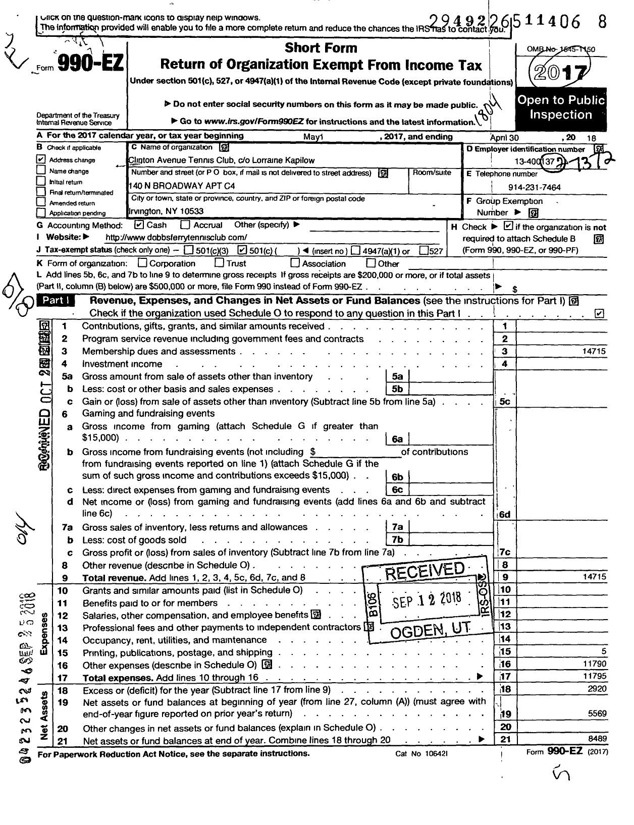 Image of first page of 2017 Form 990EO for Clinton Avenue Tennis Club