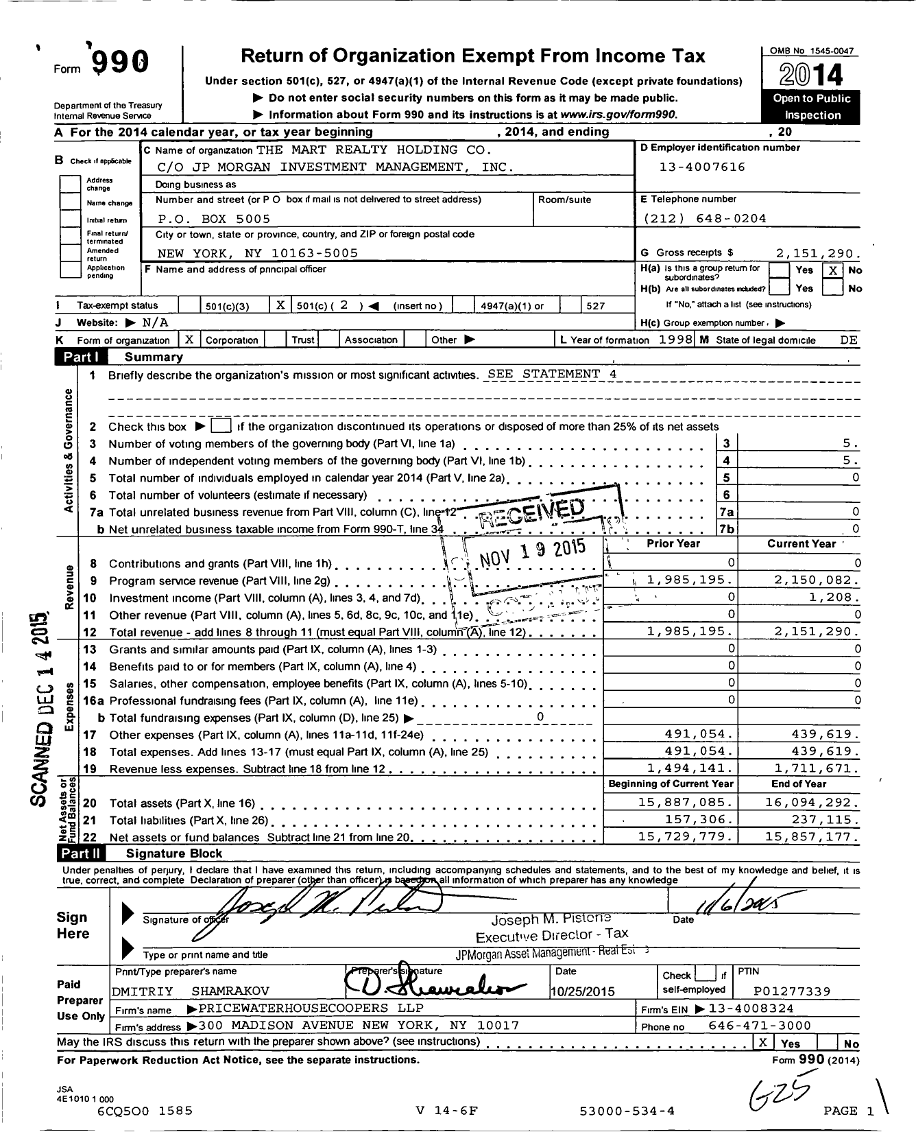 Image of first page of 2014 Form 990O for The Mart Realty Holding Co