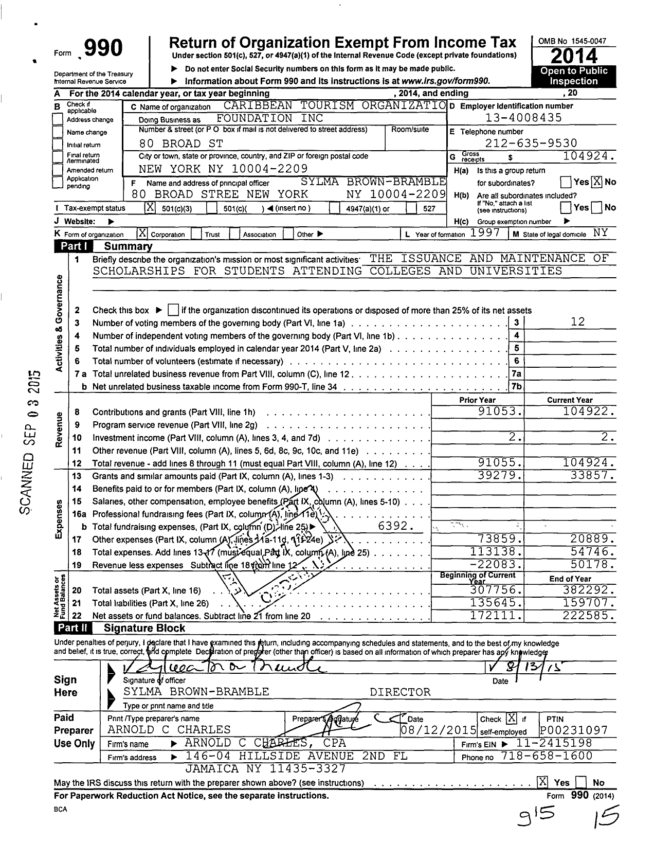 Image of first page of 2014 Form 990 for Caribbean Tourism Organization Foundation