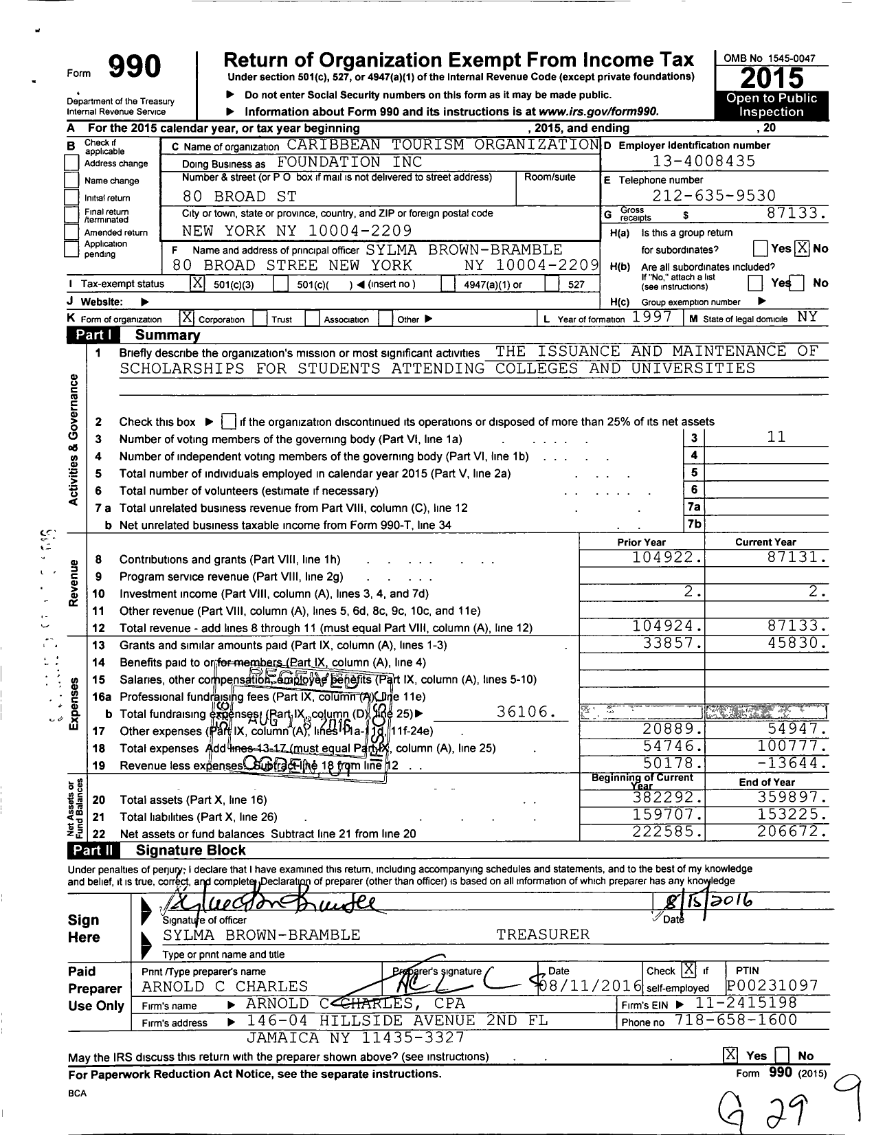 Image of first page of 2015 Form 990 for Caribbean Tourism Organization Foundation