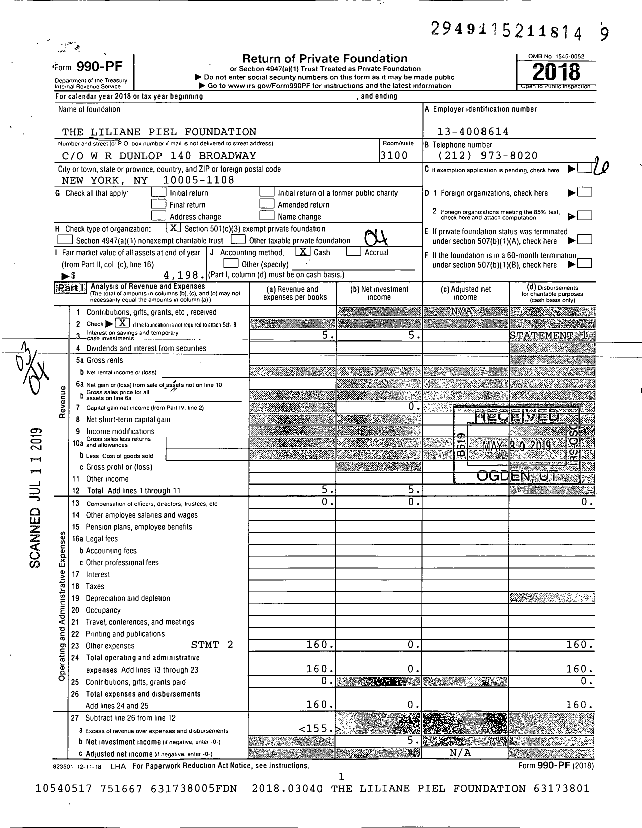 Image of first page of 2018 Form 990PF for The Liliane Piel Foundation