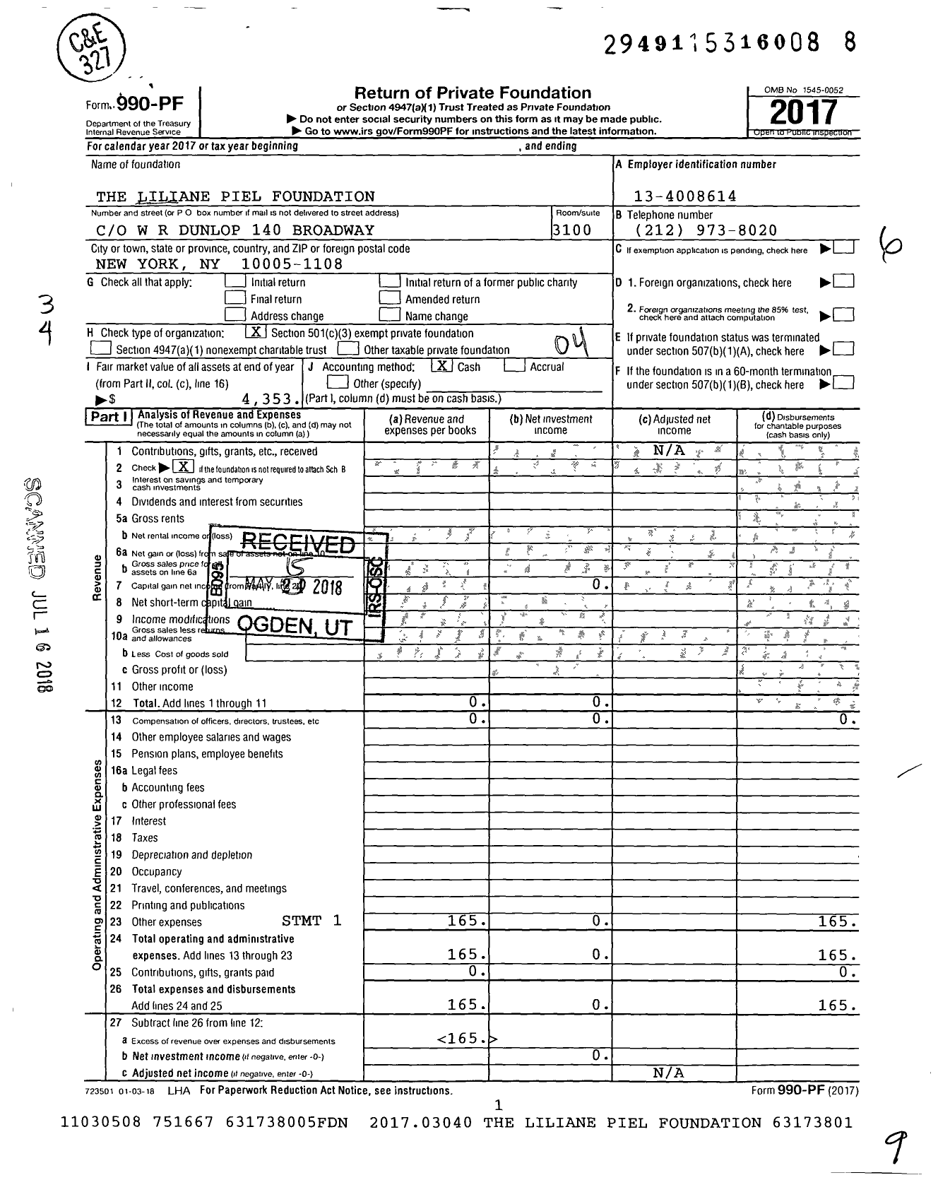 Image of first page of 2017 Form 990PF for The Liliane Piel Foundation