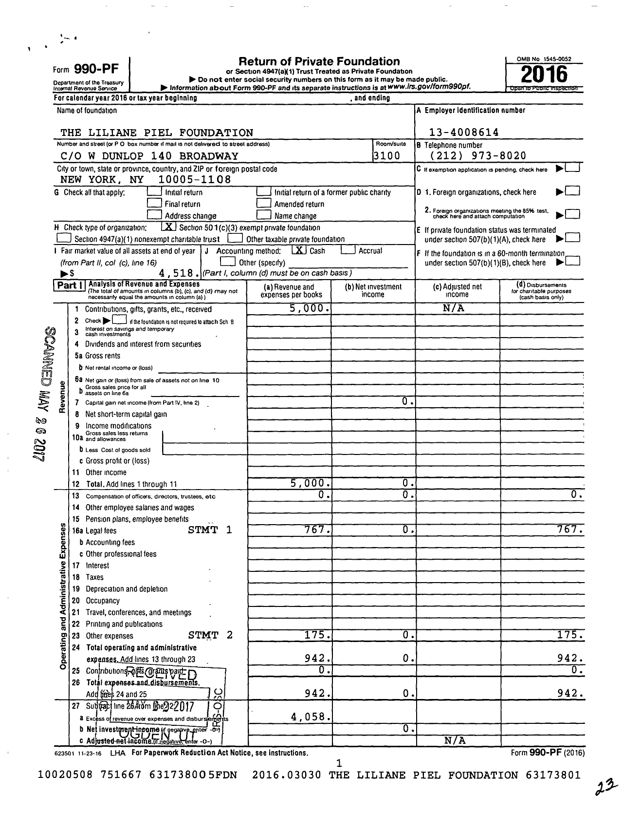 Image of first page of 2016 Form 990PF for The Liliane Piel Foundation