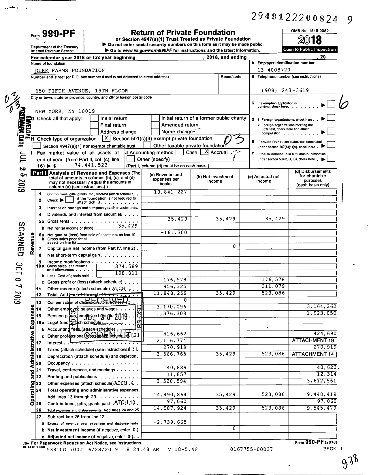 Image of first page of 2018 Form 990PF for Duke Farms Foundation