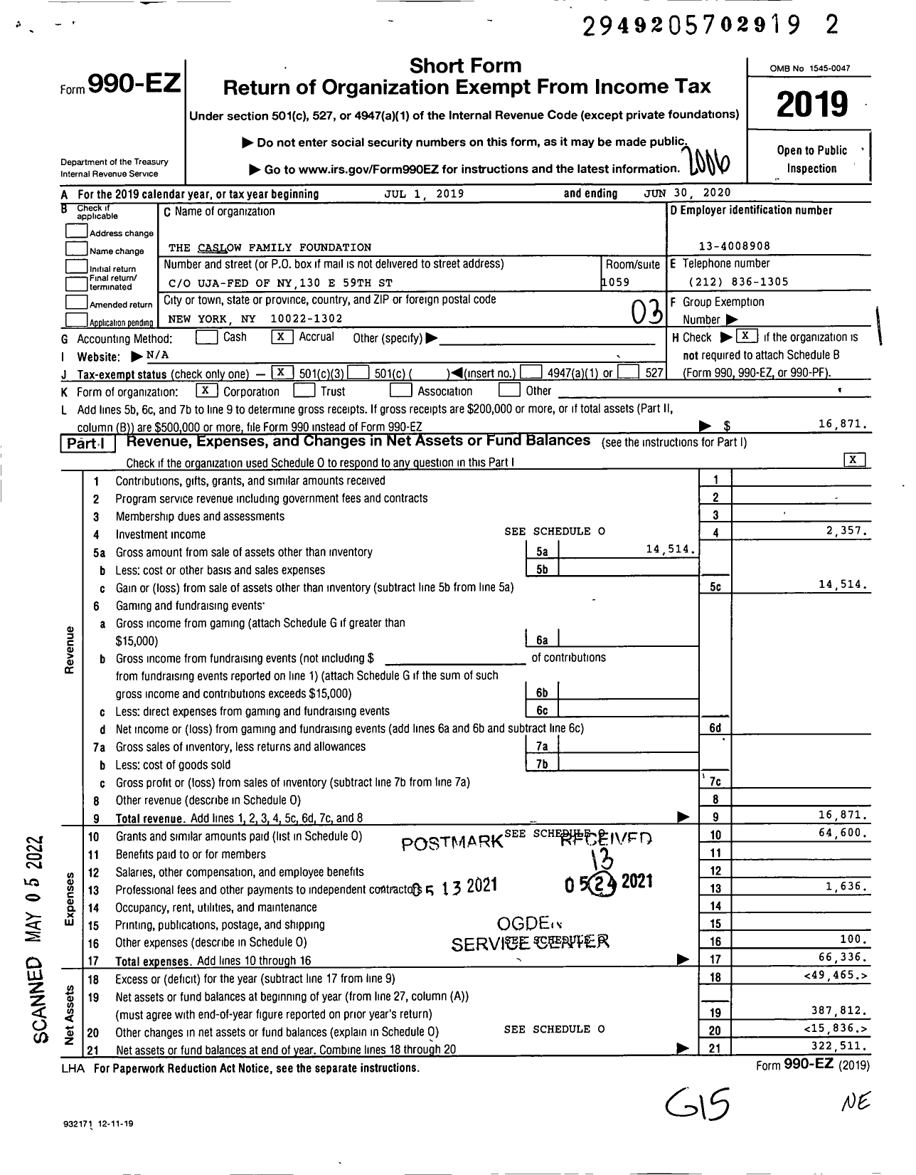 Image of first page of 2019 Form 990EZ for The Caslow Family Foundation