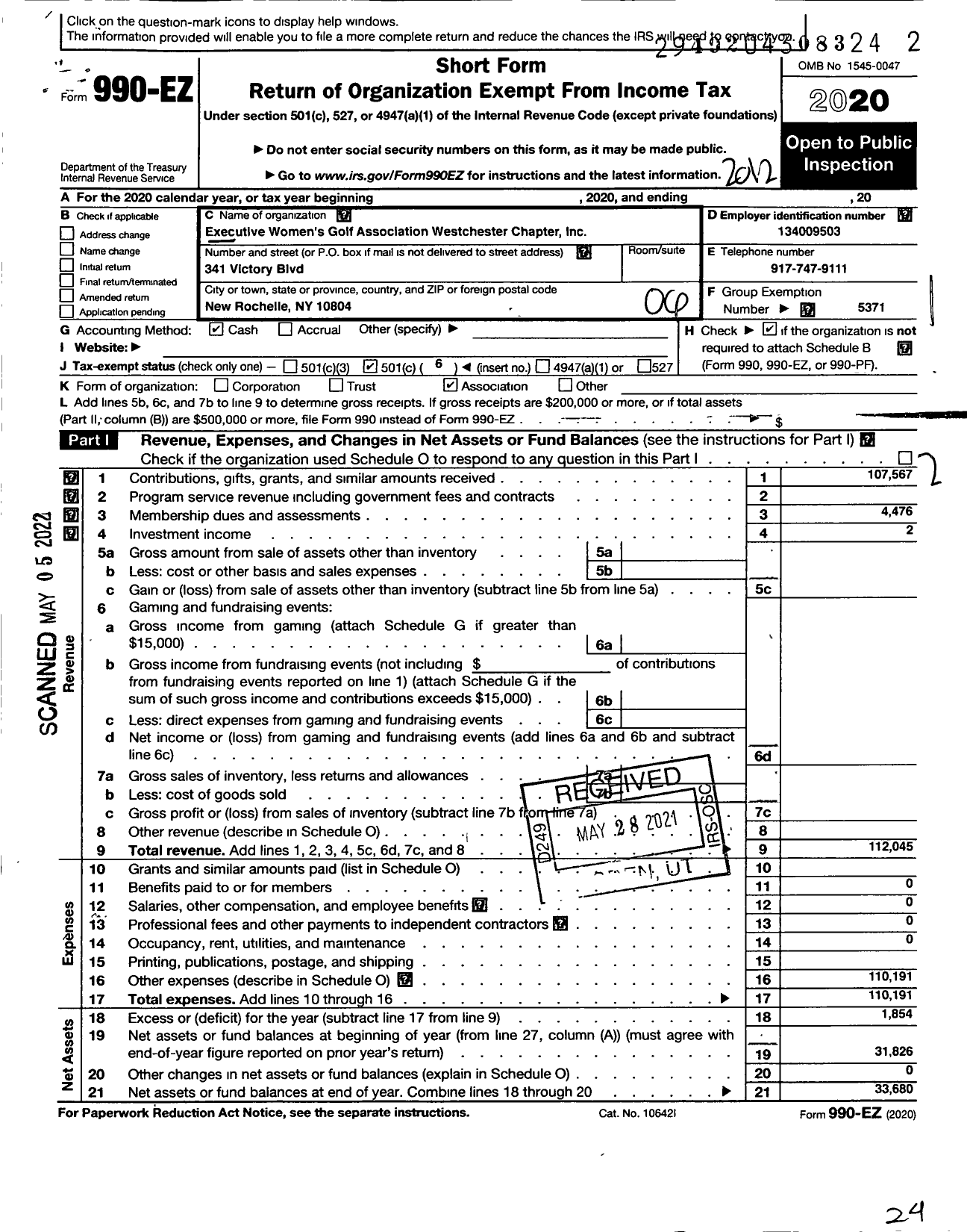 Image of first page of 2020 Form 990EO for Executive Womens Golf Association / Westchester Ny Chapter