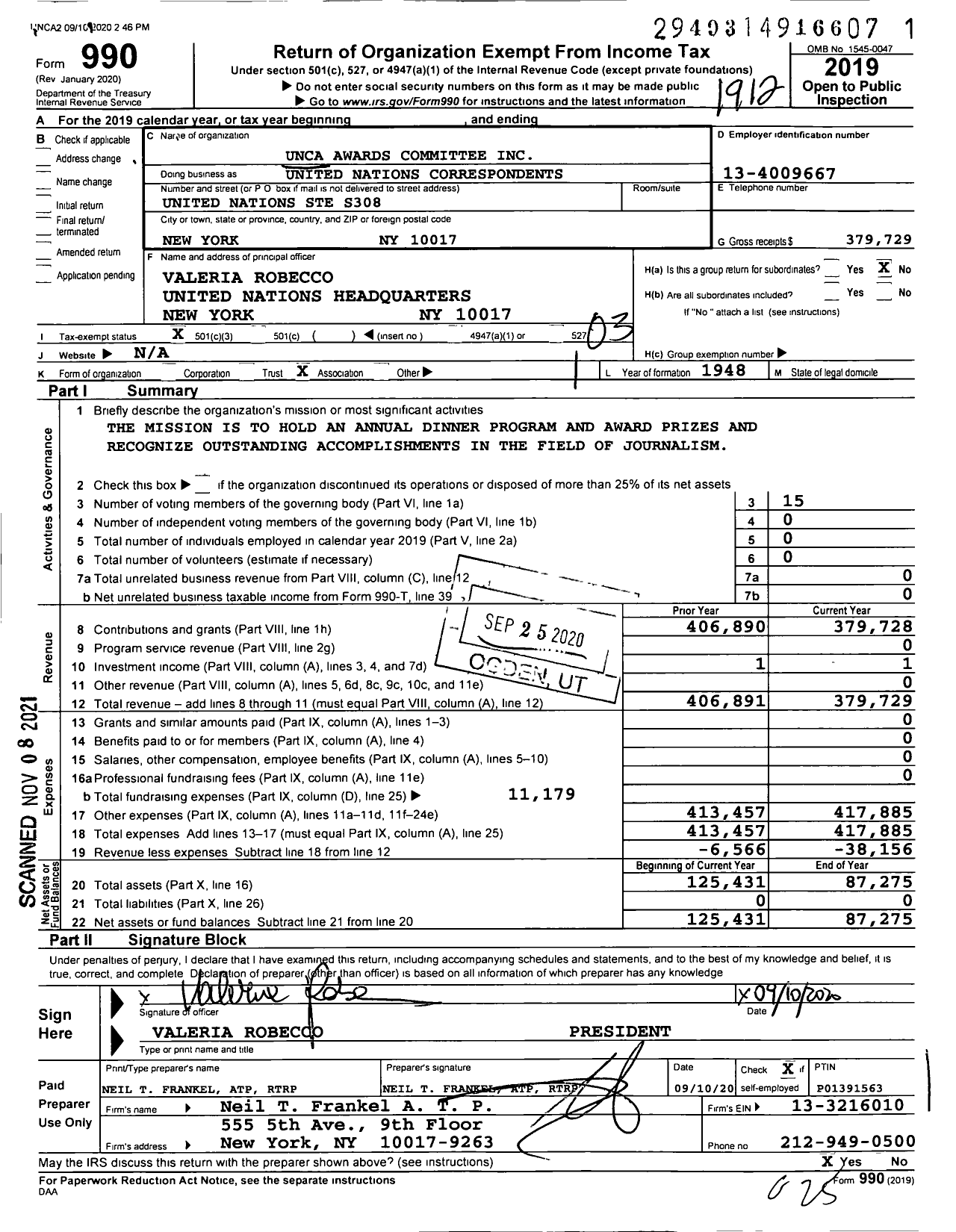 Image of first page of 2019 Form 990 for United Nations Correspondents