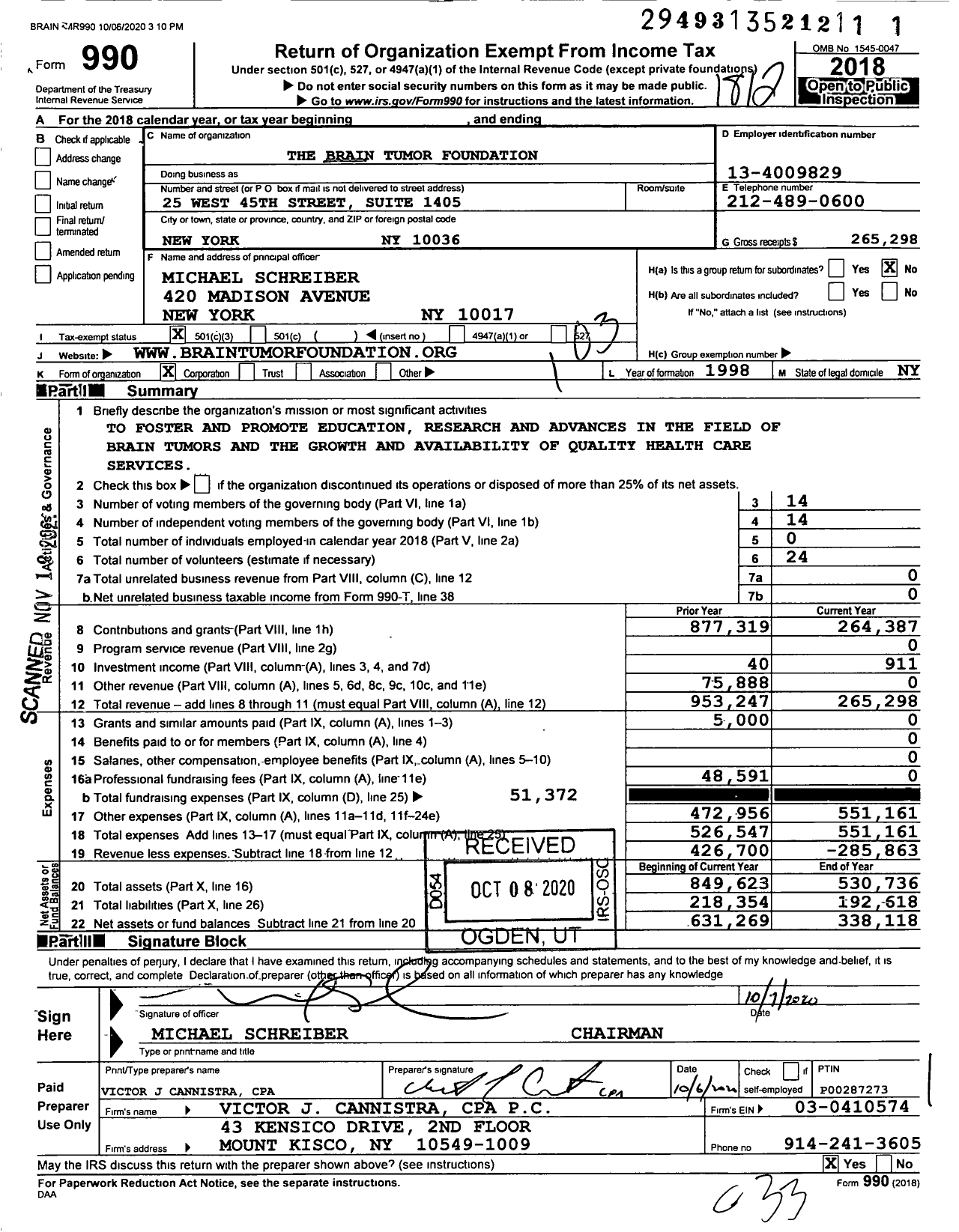 Image of first page of 2018 Form 990 for Brain Tumor Foundation