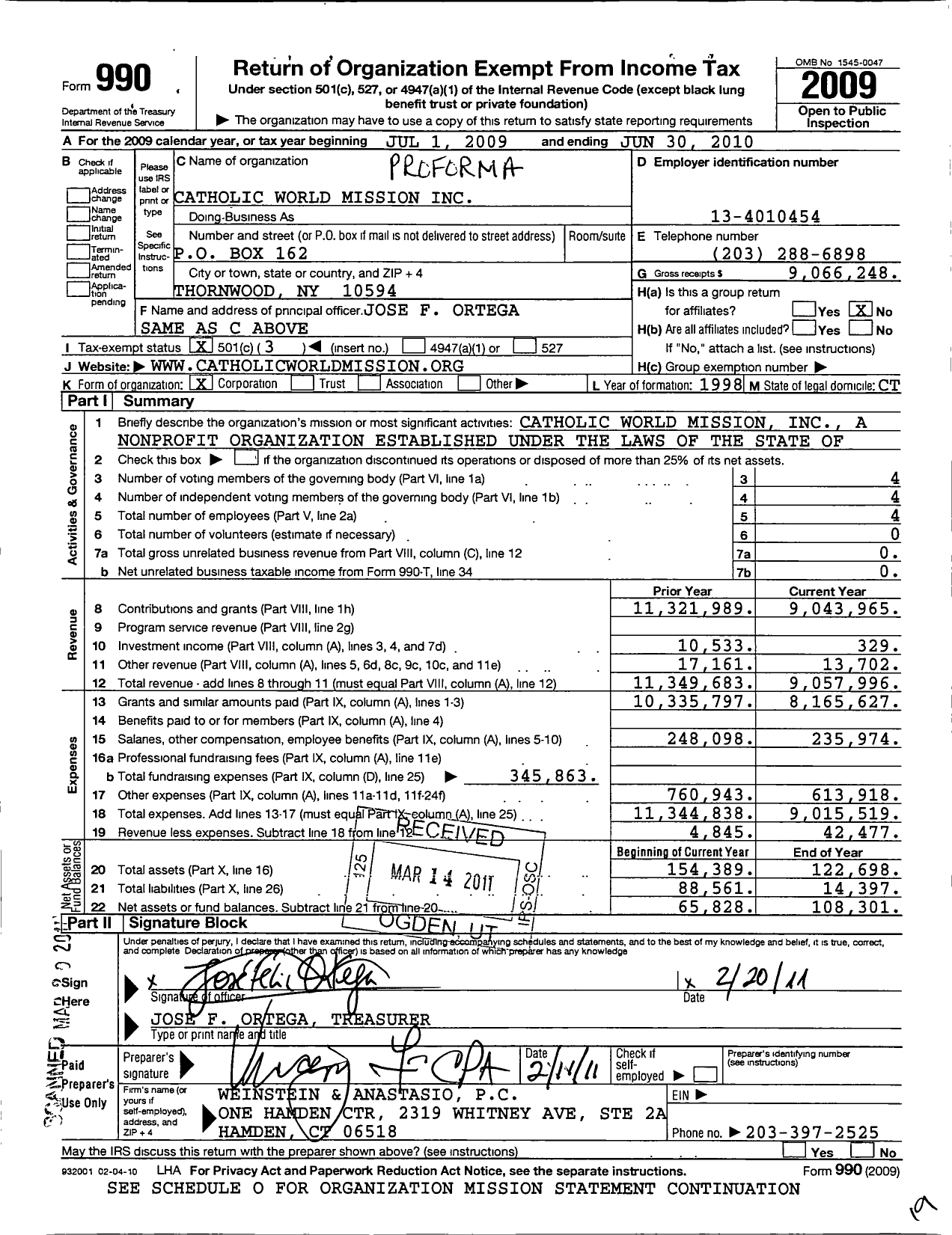 Image of first page of 2009 Form 990 for Proforma Catholic World Mission