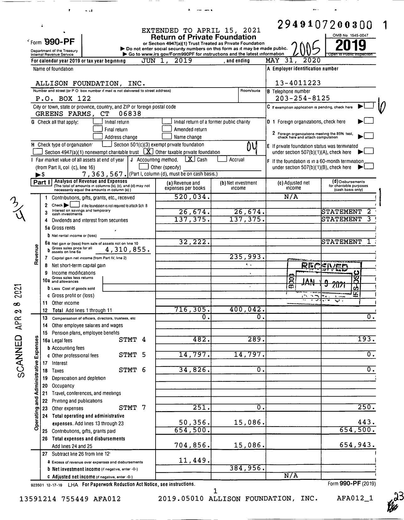 Image of first page of 2019 Form 990PF for Allison Foundation