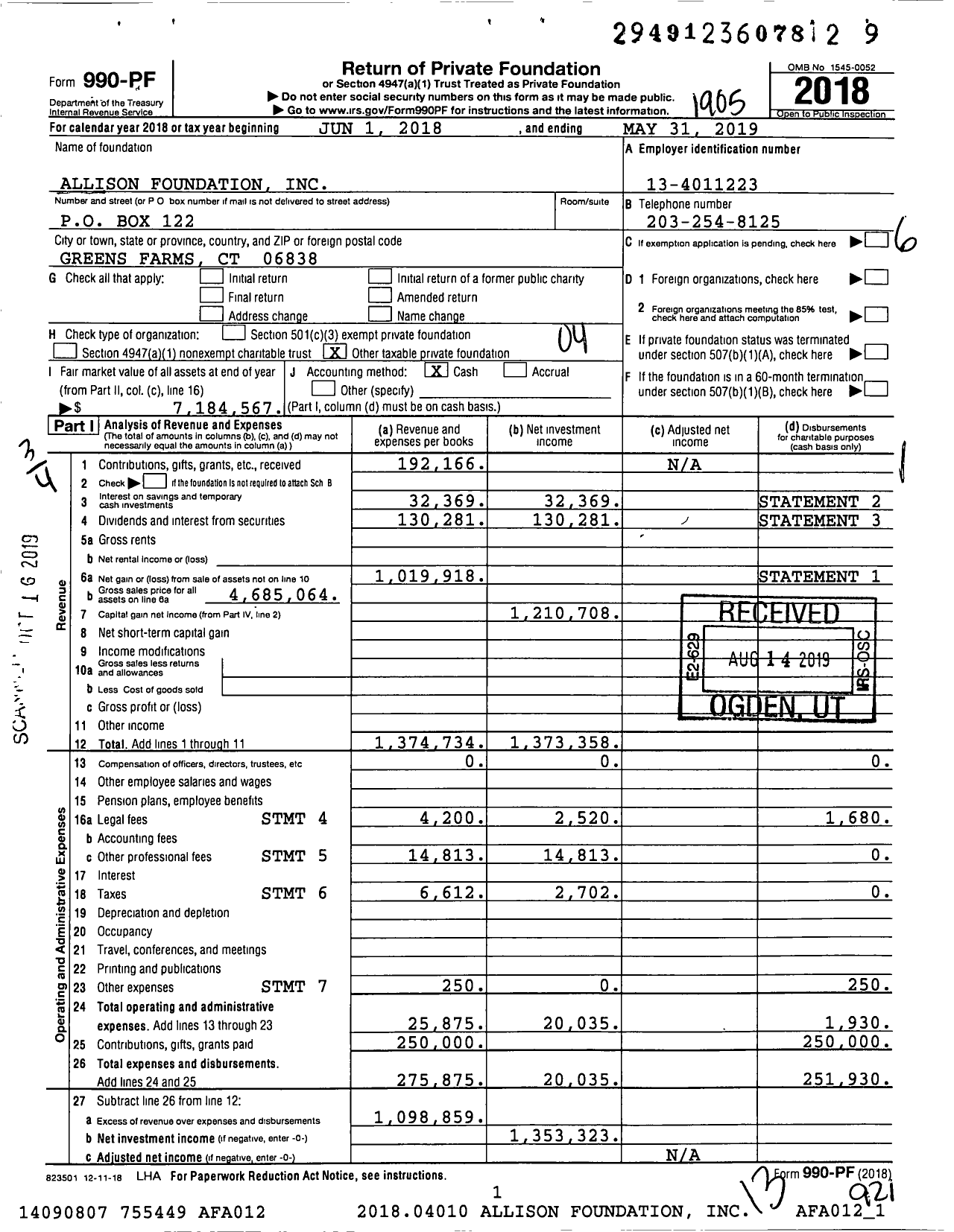 Image of first page of 2018 Form 990PF for Allison Foundation