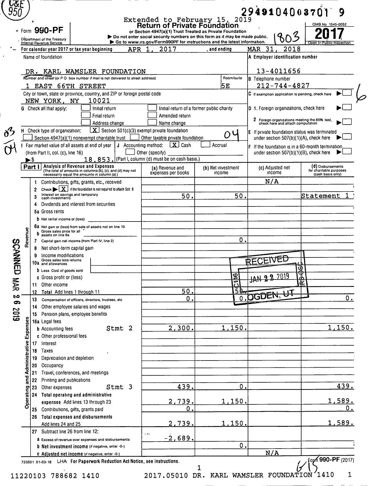 Image of first page of 2017 Form 990PF for Dr Karl Wamsler Foundation