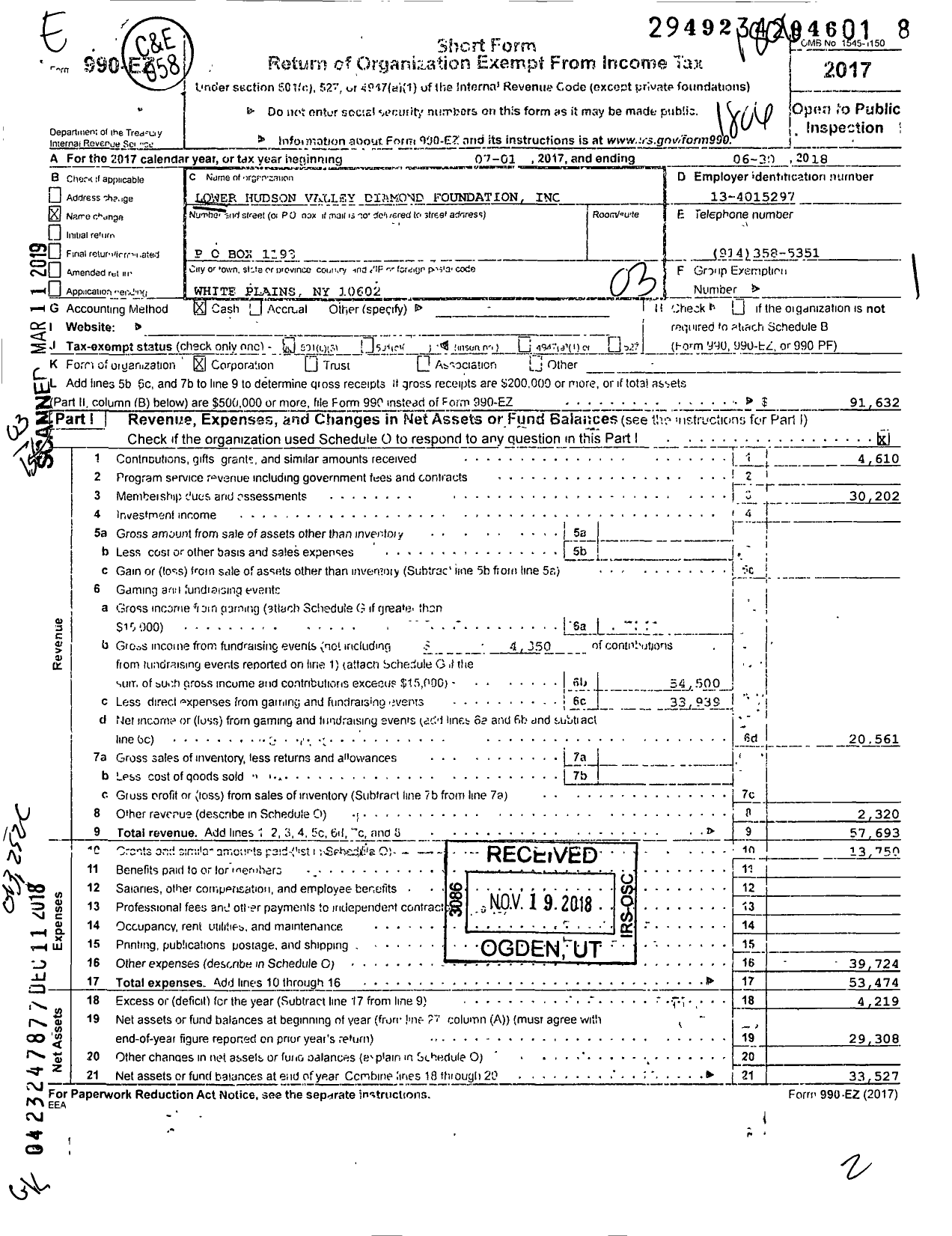 Image of first page of 2017 Form 990EZ for Lower Hudson Valley Diamond Foundation