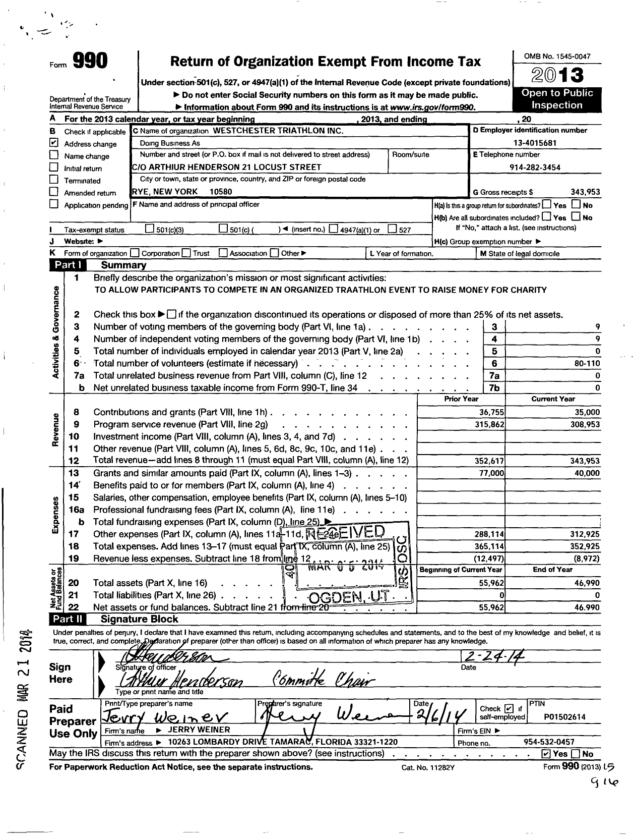 Image of first page of 2013 Form 990O for Westchester Triathlon