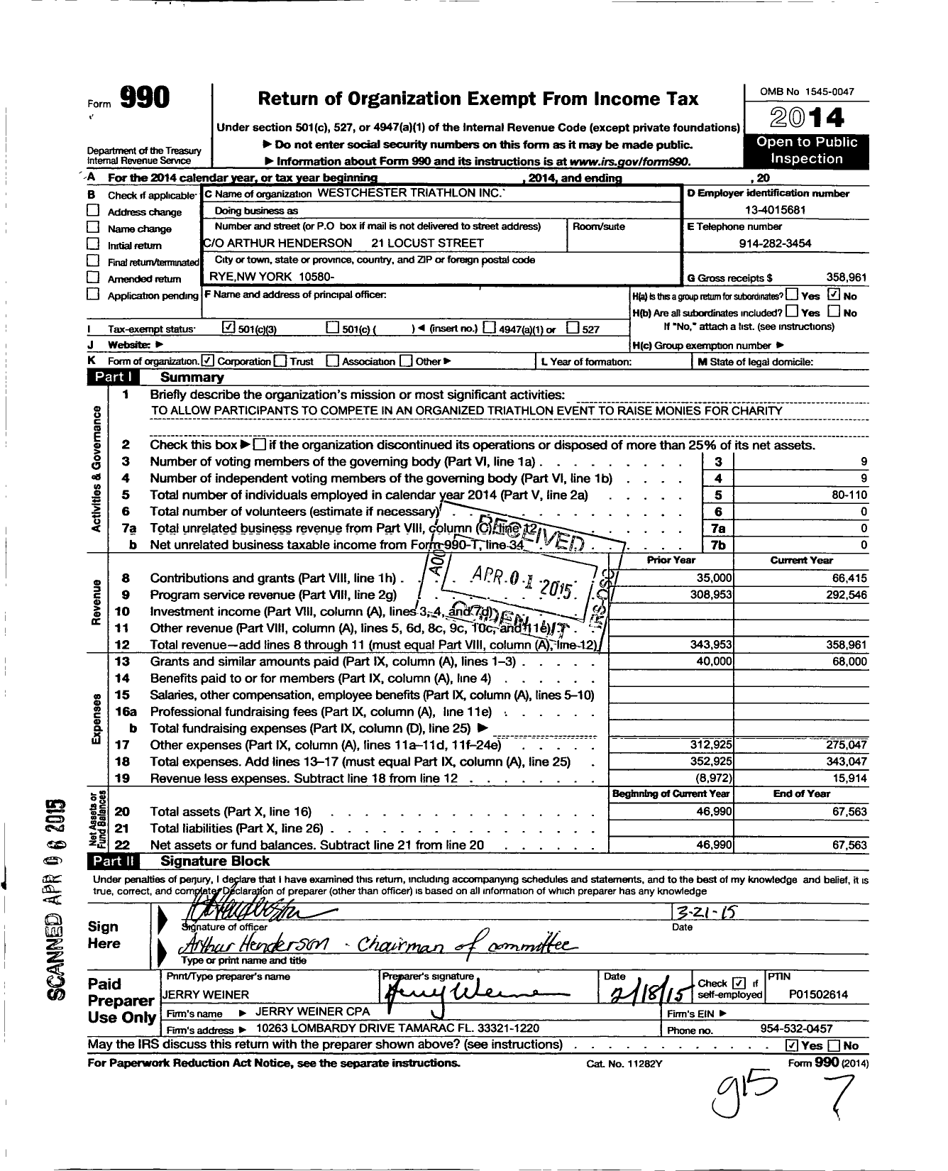 Image of first page of 2014 Form 990 for Westchester Triathlon