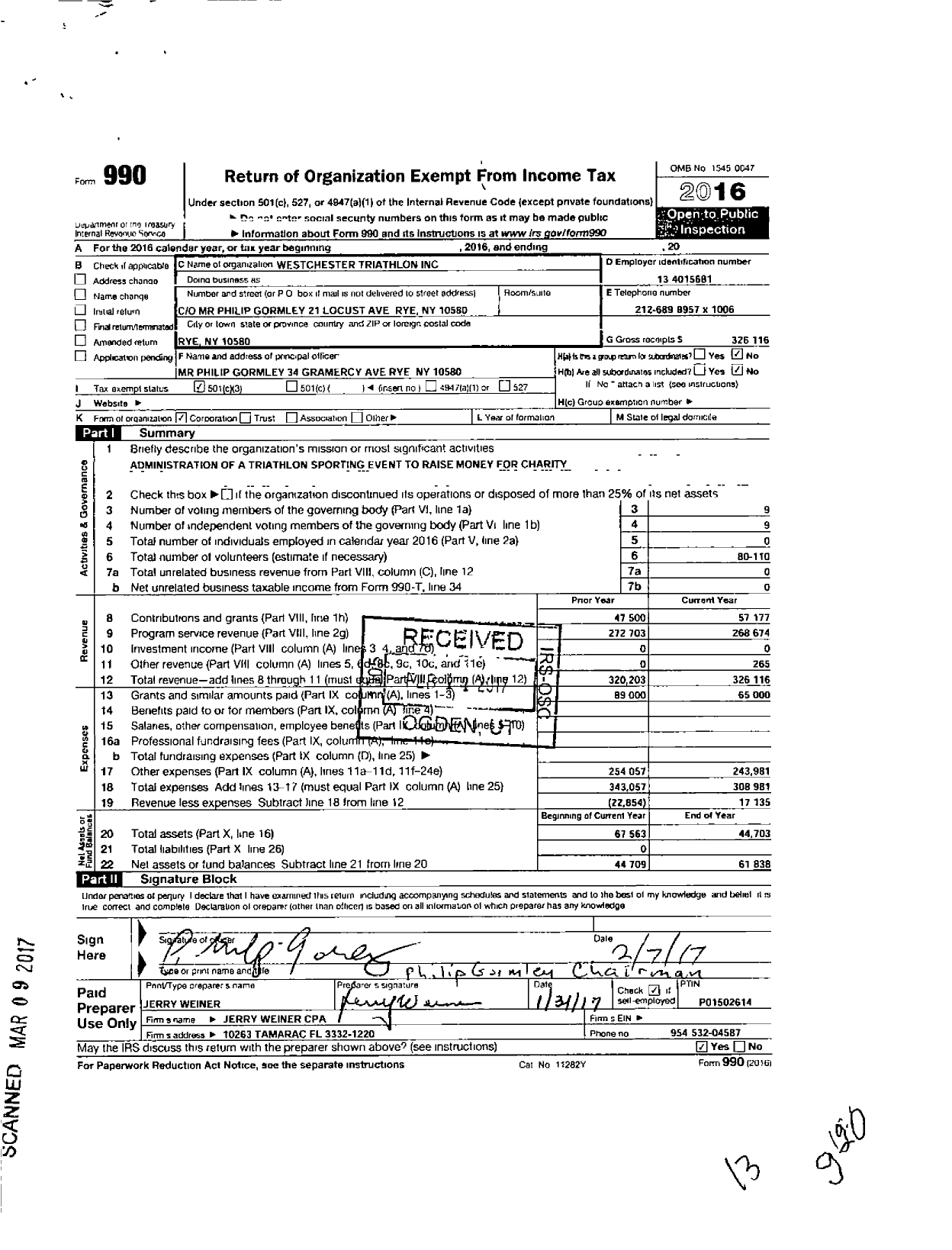 Image of first page of 2016 Form 990 for Westchester Triathlon