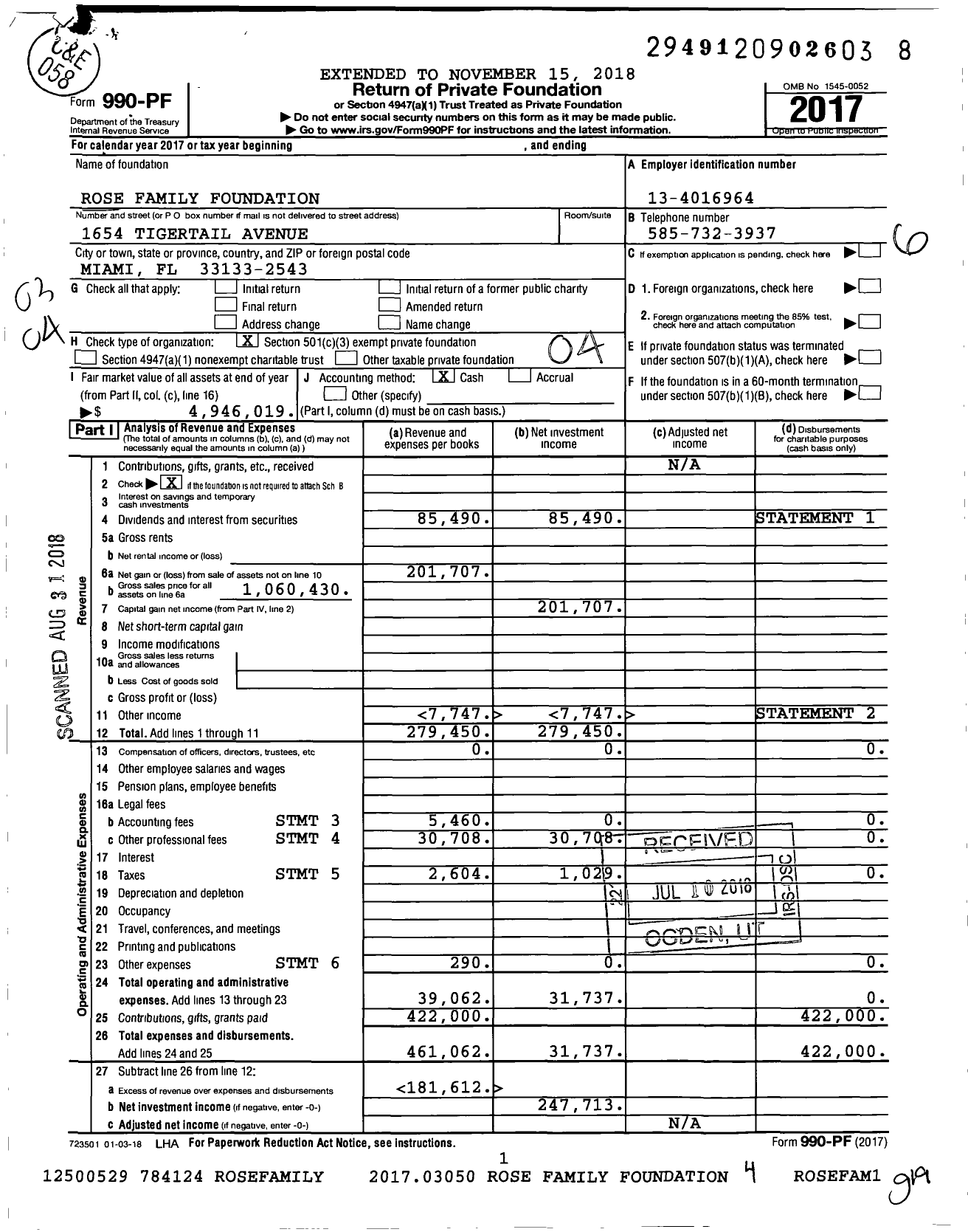 Image of first page of 2017 Form 990PF for Rose Family Foundation