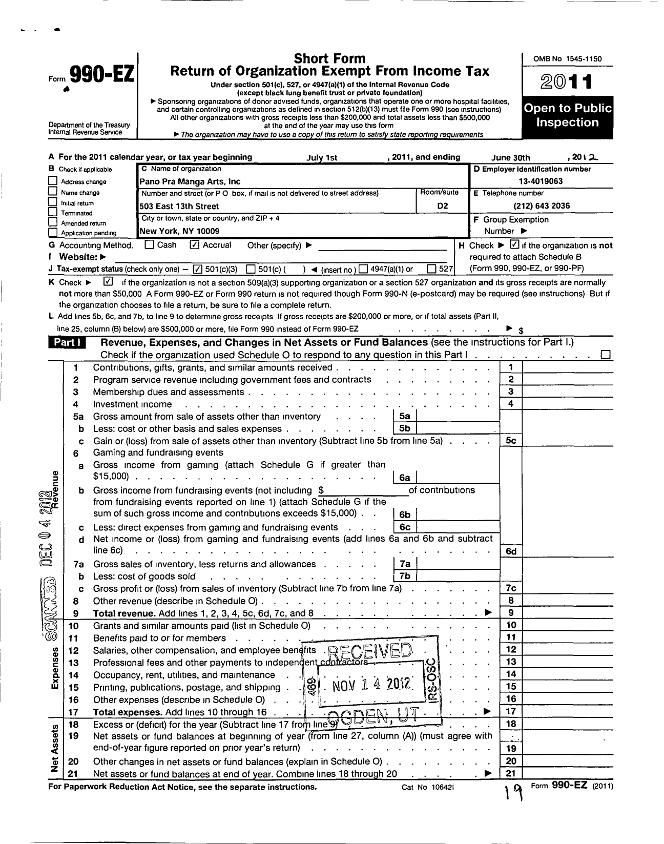 Image of first page of 2011 Form 990EZ for Pano Pra Manga Arts