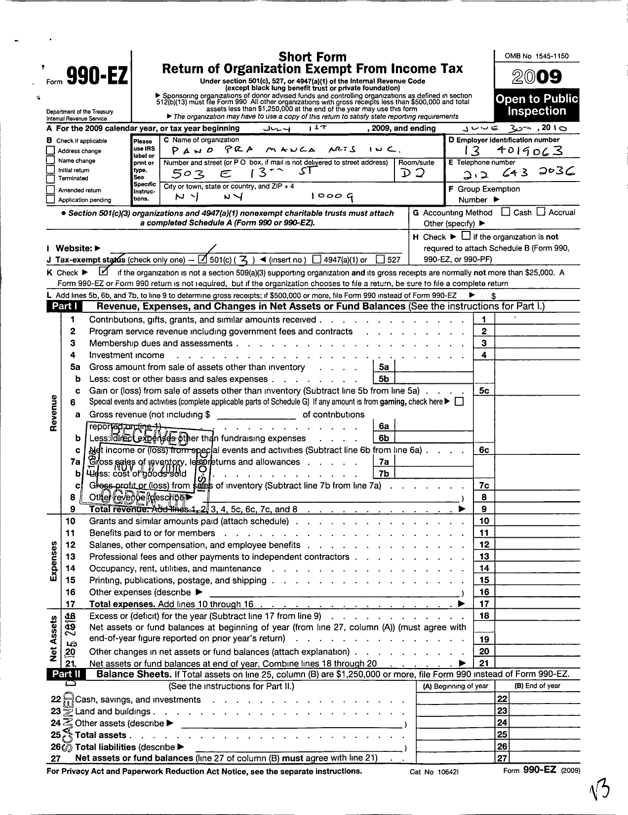 Image of first page of 2009 Form 990EZ for Pano Pra Manga Arts