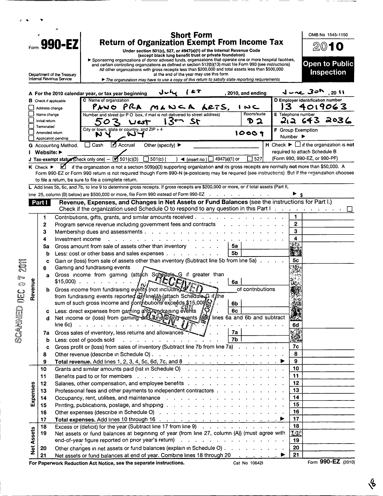 Image of first page of 2010 Form 990EZ for Pano Pra Manga Arts