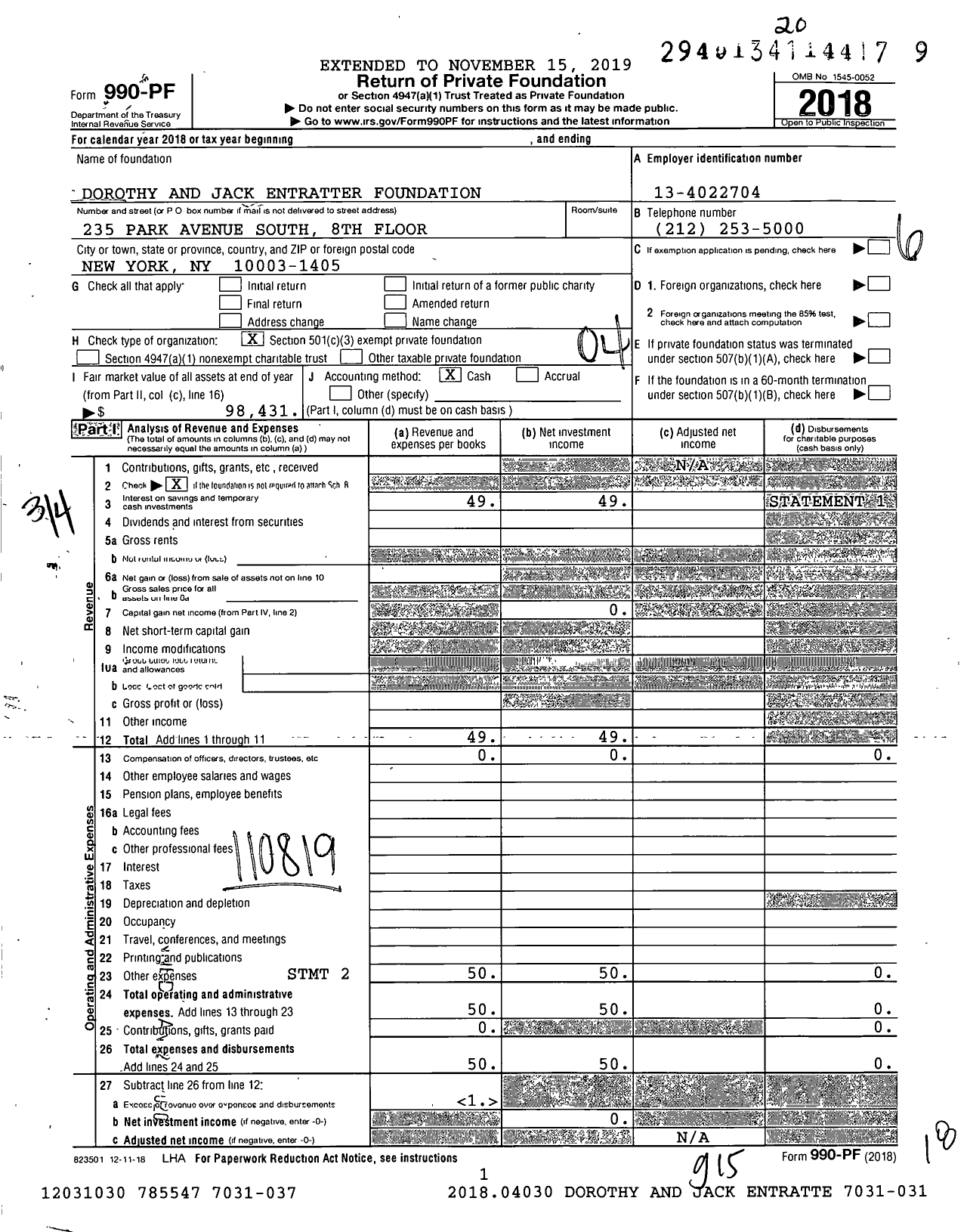 Image of first page of 2018 Form 990PF for Dorothy and Jack Entratter Foundation