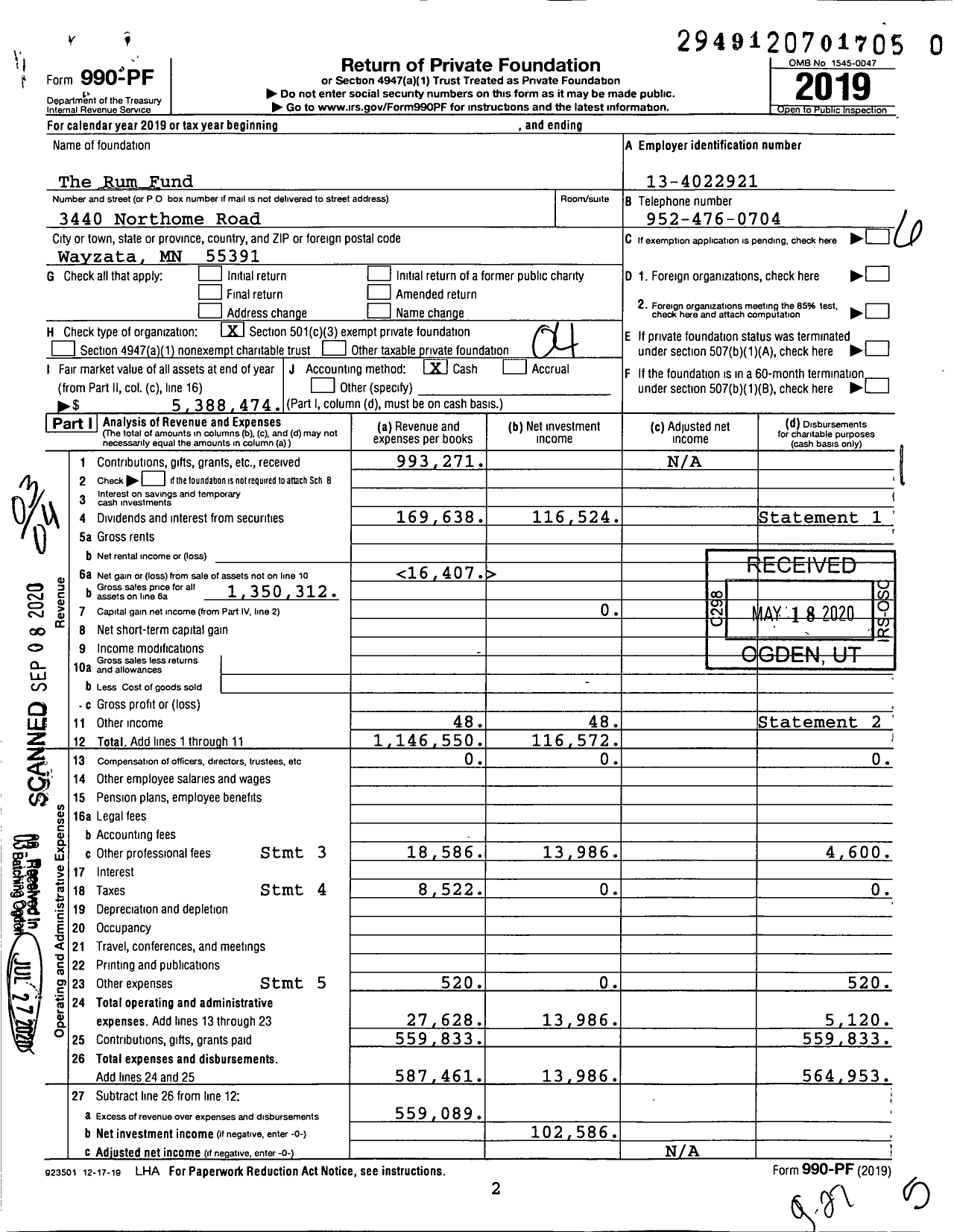 Image of first page of 2019 Form 990PR for The Rum Fund